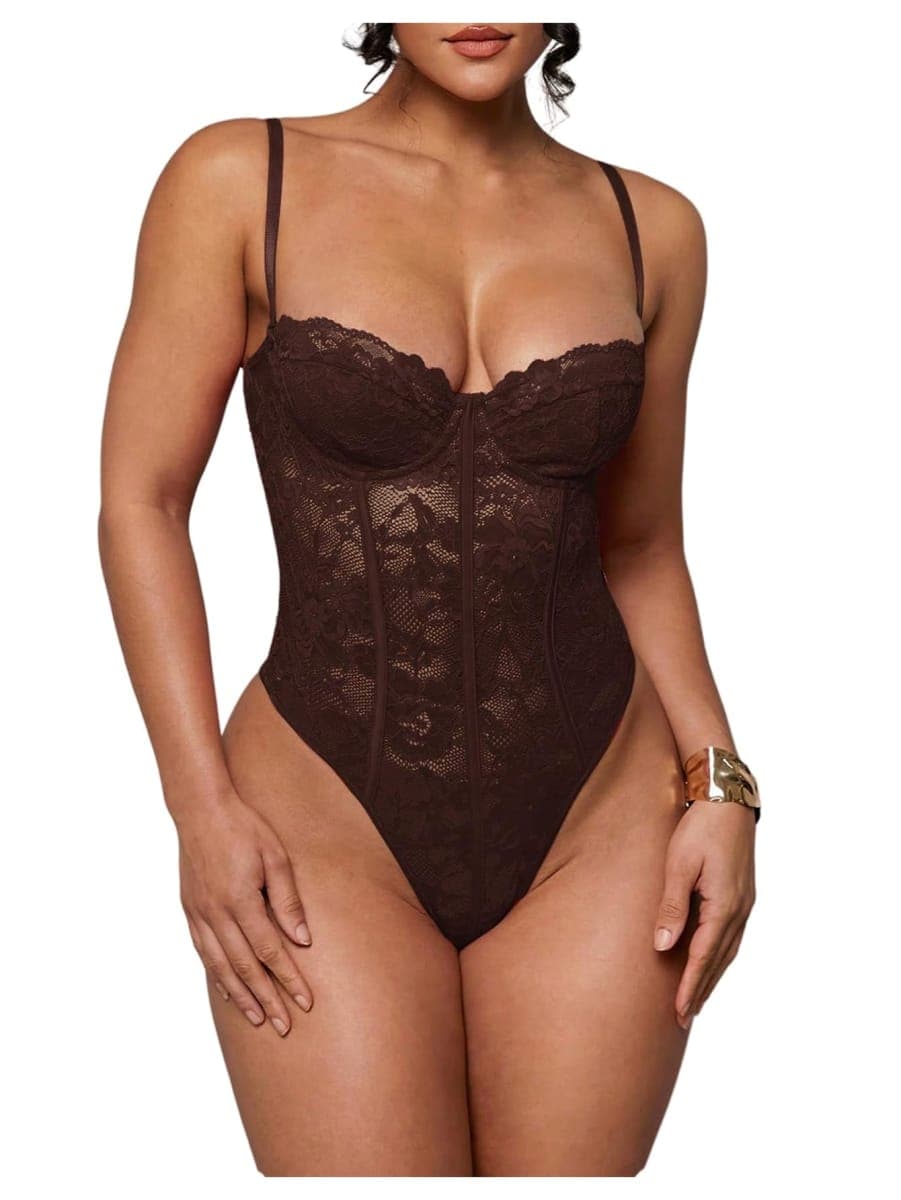 Milumia Women's Floral Lace Corset Bodysuit Sexy Sheer Spaghetti Strap Party Club Cami Tops, Coffee Brown, Small — image 1