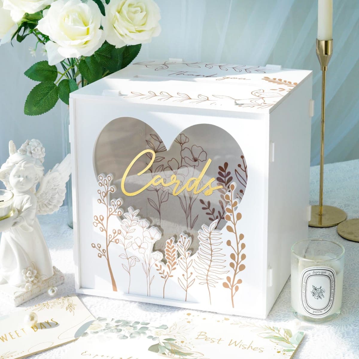 OurWarm PVC White Card Box for Wedding Reception, Large Wedding Envelope Money Cards Box for Party with Heart Acrylic Window, Flower Pattern Gift Card Holder for Graduation Birthday Baby Shower Decor — image 1