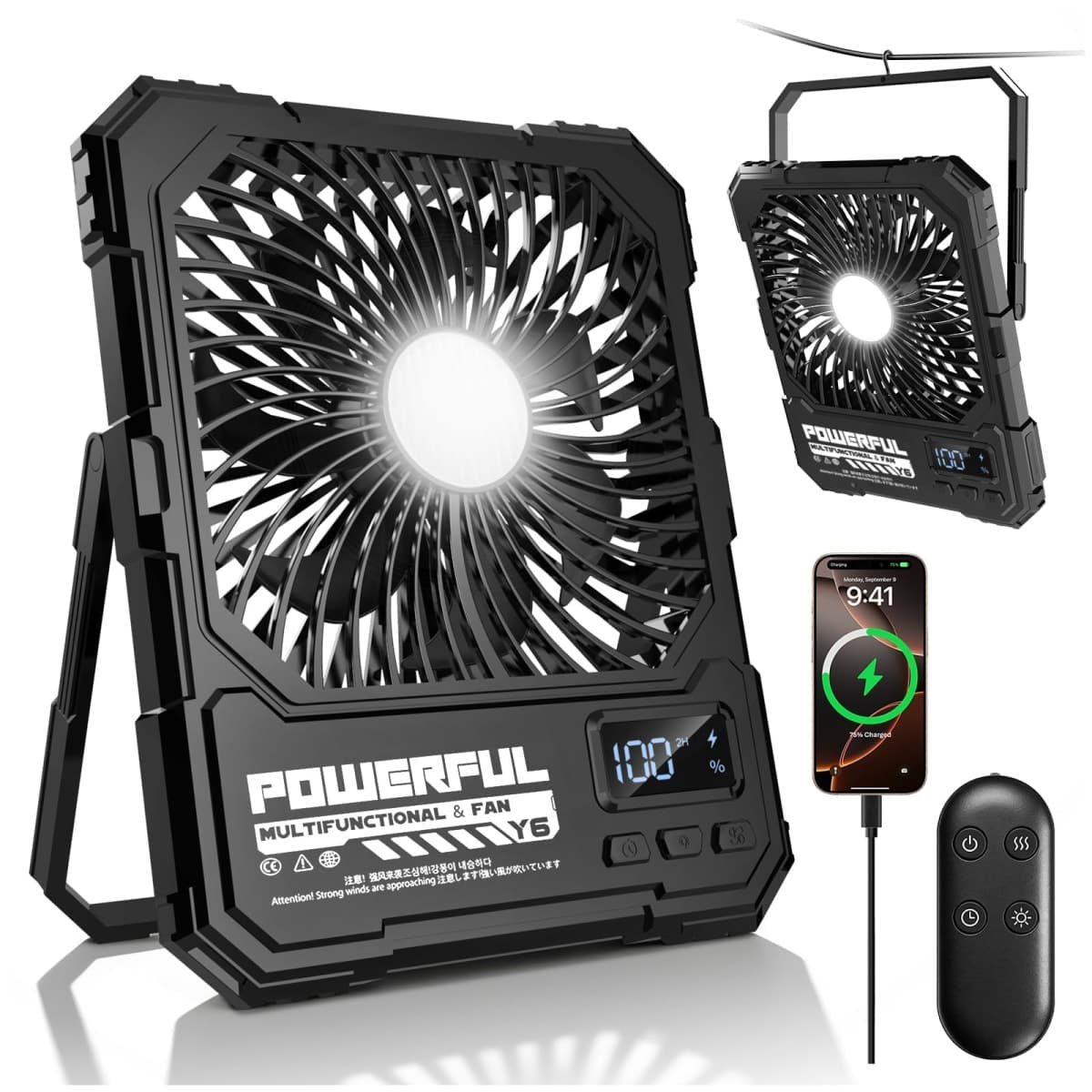 yAyusi 20000mAh Rechargeable Camping Fan, Ultra-Slim 8" Battery Powered Portable Travel Fan with Light&Remote, Maximum Battery Life of 82 Hours, Hook for Tent, Outdoor Home Patio Motorhome Travel — image 1