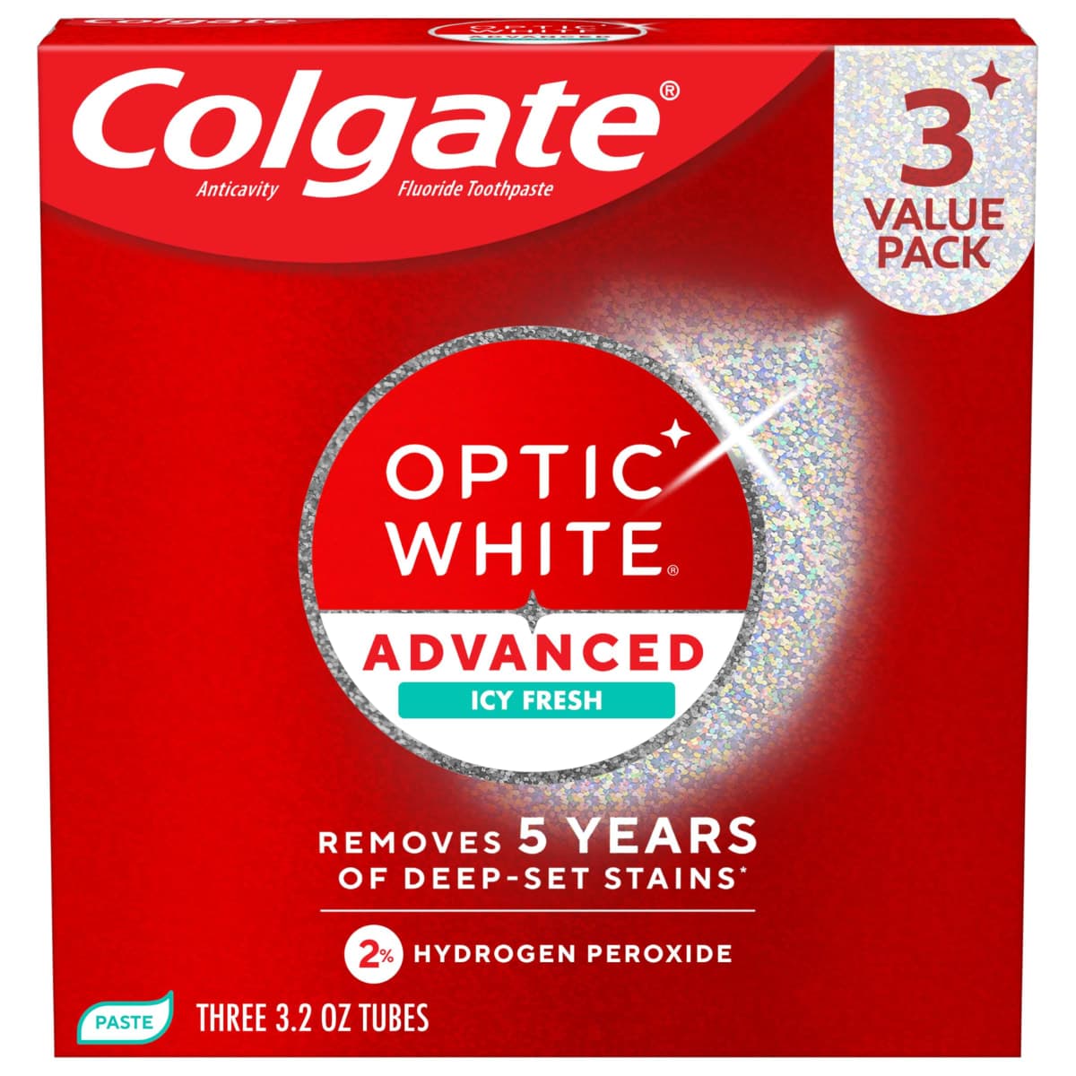 Colgate Optic White Advanced Teeth Whitening Toothpaste, Icy Fresh, 3.2 Ounce (Pack of 3) — image 1