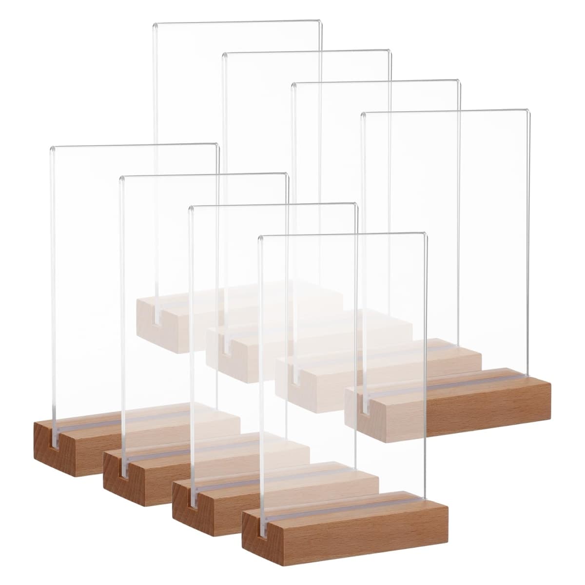 8 Pack Clear Acrylic Sign with Wood Base T Shape Sign Holder Vertical Acrylic Blank Stands Desktop Display Plastic Menu Frames Double Sided Flyer Stand for Wedding Restaurant Party Decoration — image 1