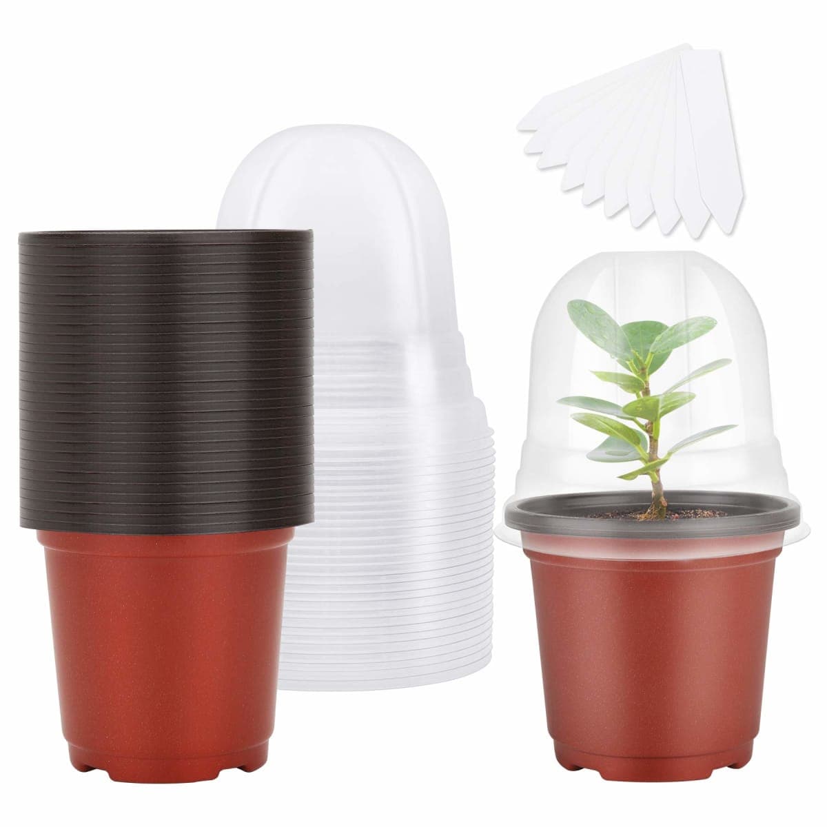 MIXC 30 Packs 4" Plant Nursery Pots with Humidity Domes, Soft Red Plastic Gardening Pot, Seedling Pots with 10pcs Plant Labels for Vegetable Propagation, Root Cutting, Seedling — image 1