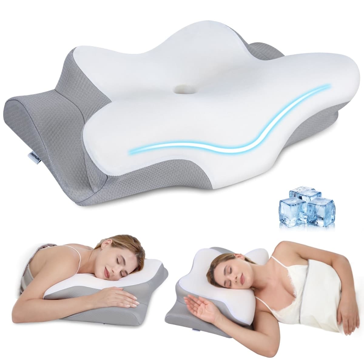 PAYHUIN Cervical Neck Pillow, Memory Foam Pillows for Neck and Shoulder Pain Relief, 2 Heights Ergonomic Pillow with Breathable Ice Silk Cover, Neck Support Pillow for Side Sleepers, White — image 1