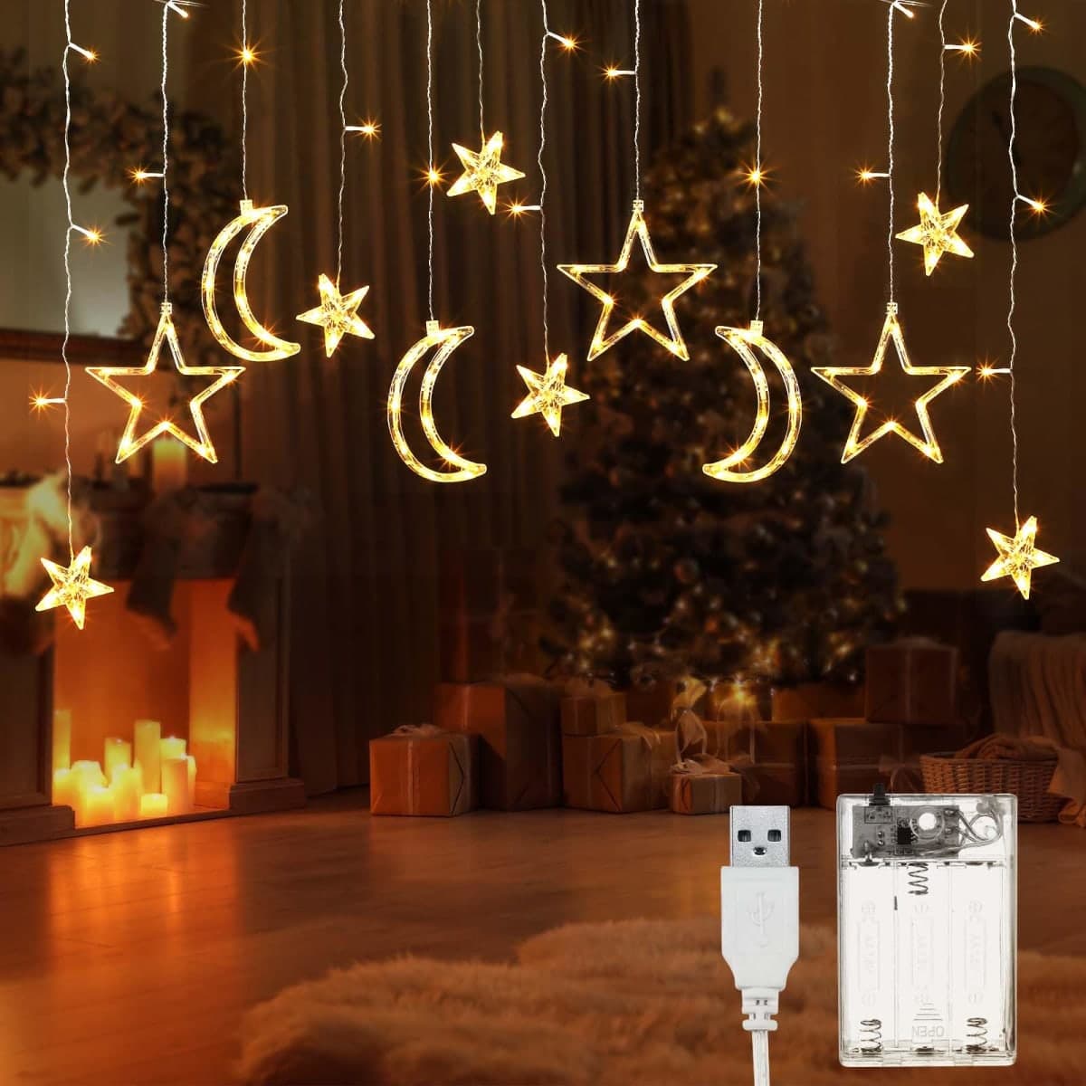 Riakrum 11.48 ft 21 LED Star and Moon String Lights Plug in Christmas Warm White Fairy Light Waterproof Decor for Bedroom USB Powered LED Curtain Light with USB Battery Box Cable Clip Wedding Party — image 1