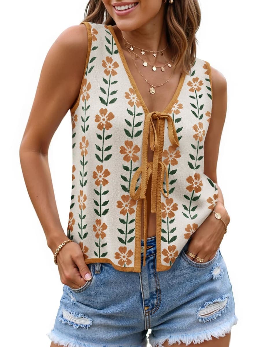 ZESICA Women's 2026 Summer Tie Front Sweater Vest Top, White, Large — image 1