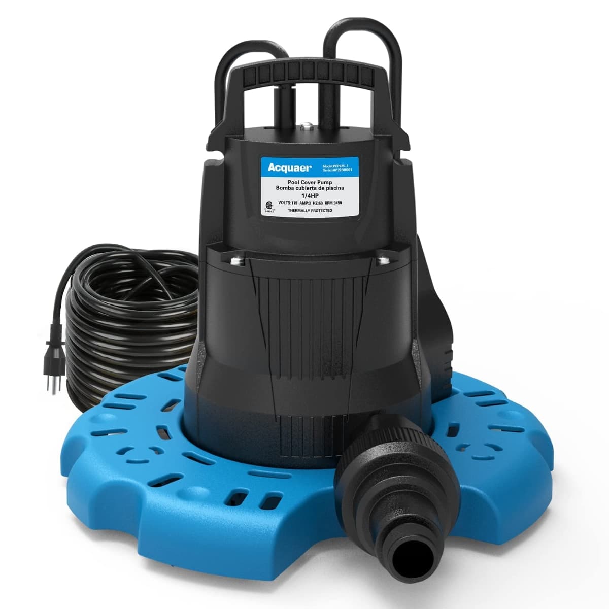 Acquaer 1/4 HP Automatic Swimming Pool Cover Pump, 115 V Submersible Pump with 3/4” Check Valve Adapter & 25ft Power Cord, 2250 GPH Water Removal for Pool, Hot Tubs, Rooftops, Water Beds and More — image 1