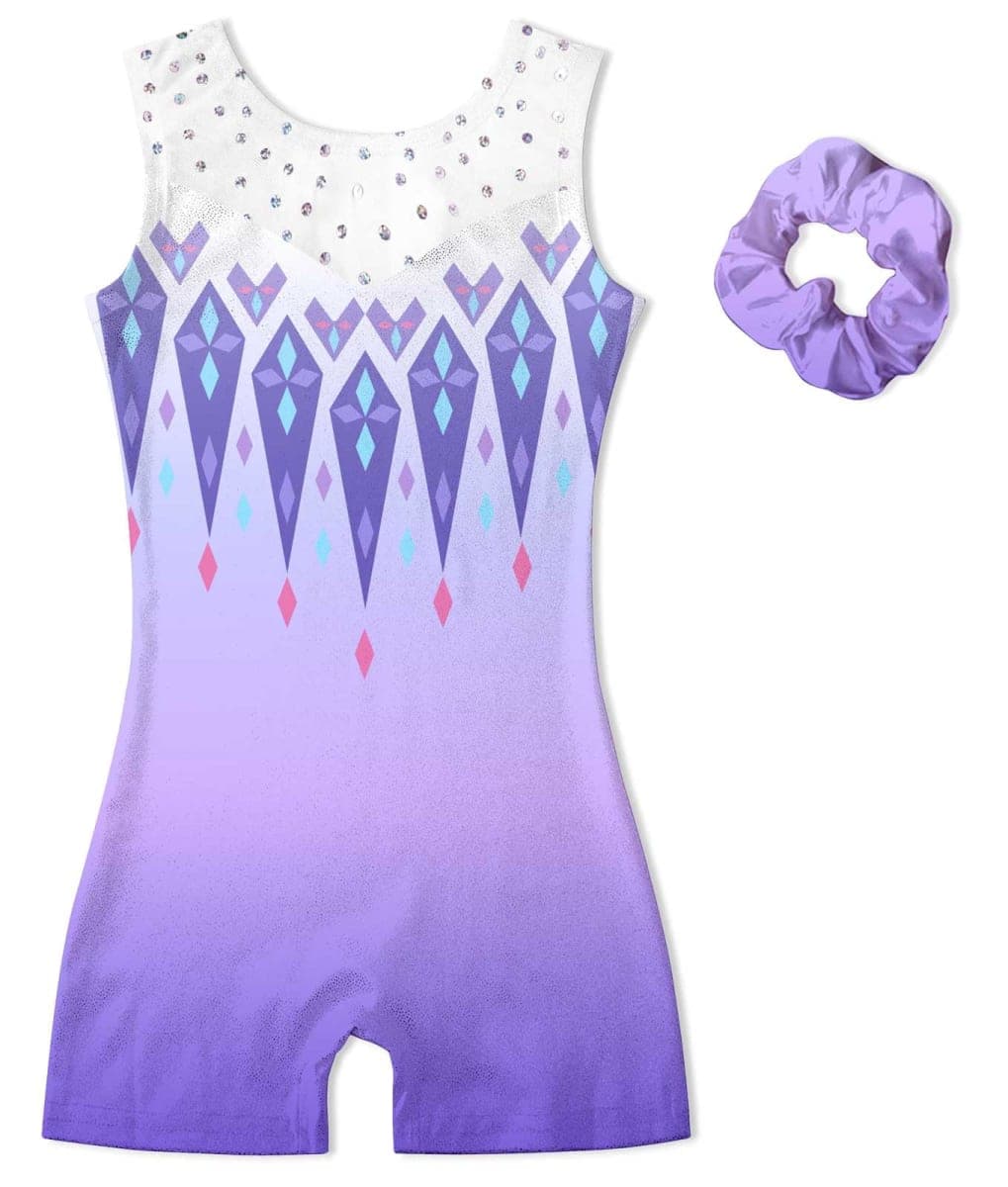 Belovecol Gymnastics Leotards for Girls Sparkle Dance Biketards Unitards with Shorts Matching Hair Scrunchies 3-8 Years, Purple Ombre, 4-5T — image 1