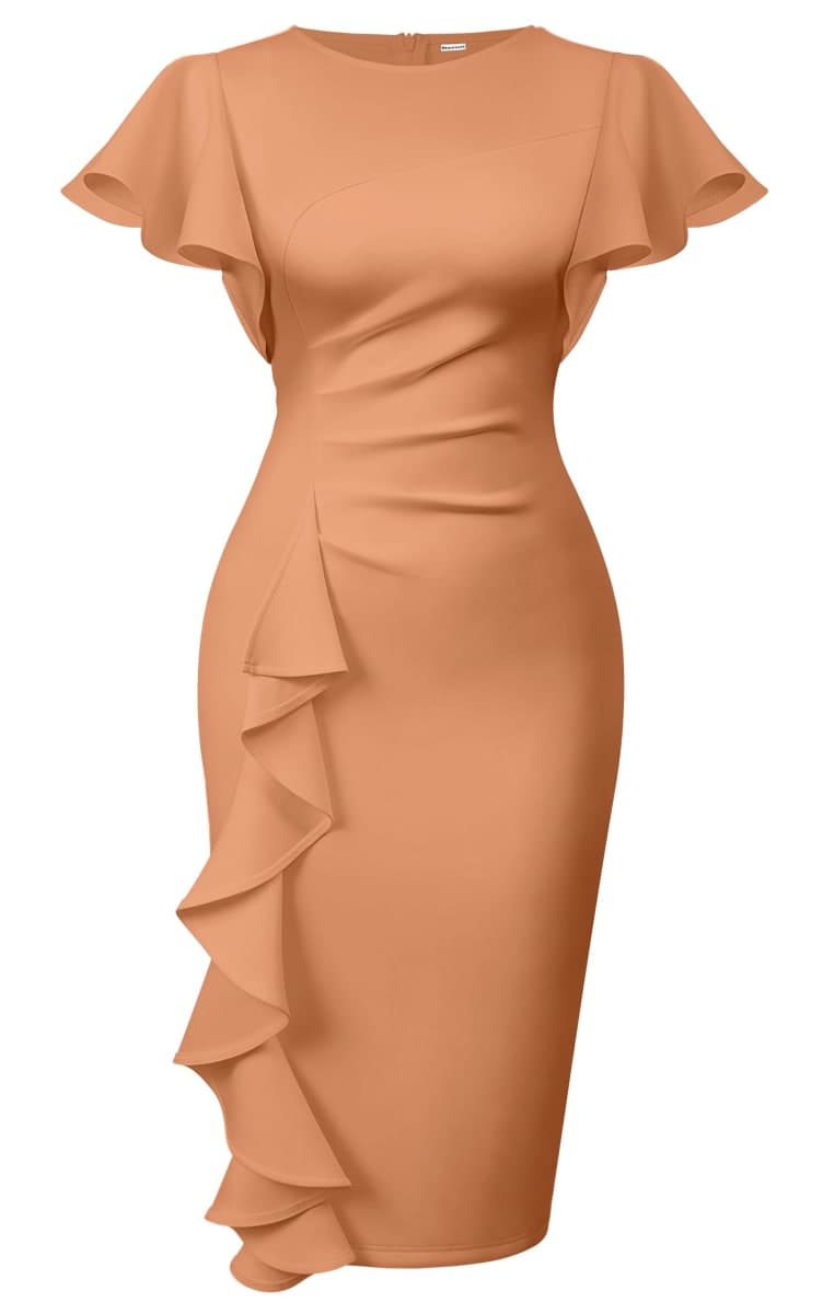 Memoriesea Women's Vintage Church Ruffle Sleeve Ruched Bodycon Work Midi Pencil Dress, Nude Pink, Medium — image 1