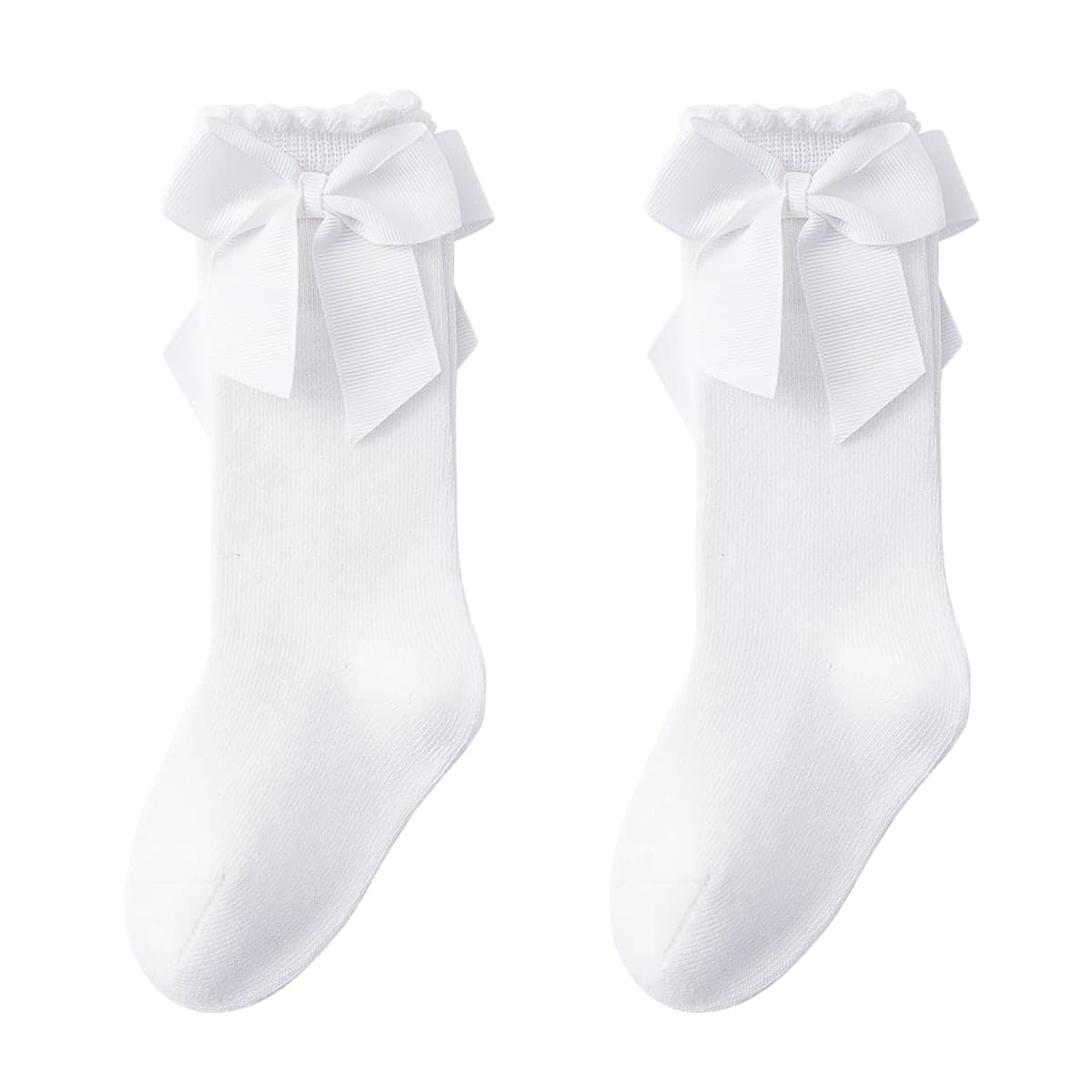 Baby Knee High Socks Toddler Long Socks Girls Bow Ruffled Knee Socks Cotton Tube Stockings Dress Socks, 2-4 Years (White, 2 Pairs) — image 1