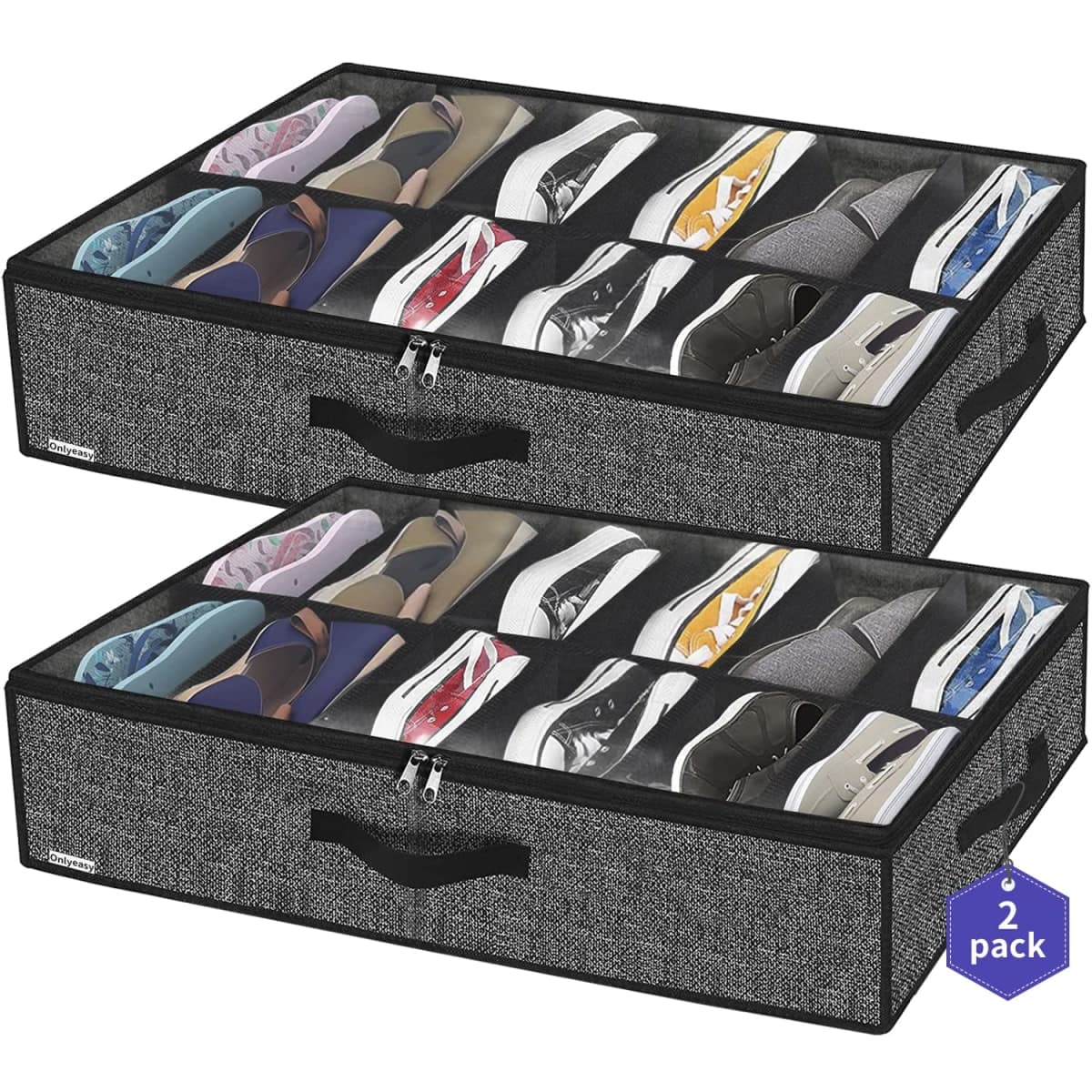Onlyeasy Sturdy Under Bed Shoe Storage Organizer, Set of 2, Fit 12 to 24 Pairs, Underbed Shoes Closet Storage Solution with Clear Window, Breathable, L29.3 x W23.6 x H5.9, Linen-like Black, MXAUBSB2P — image 1