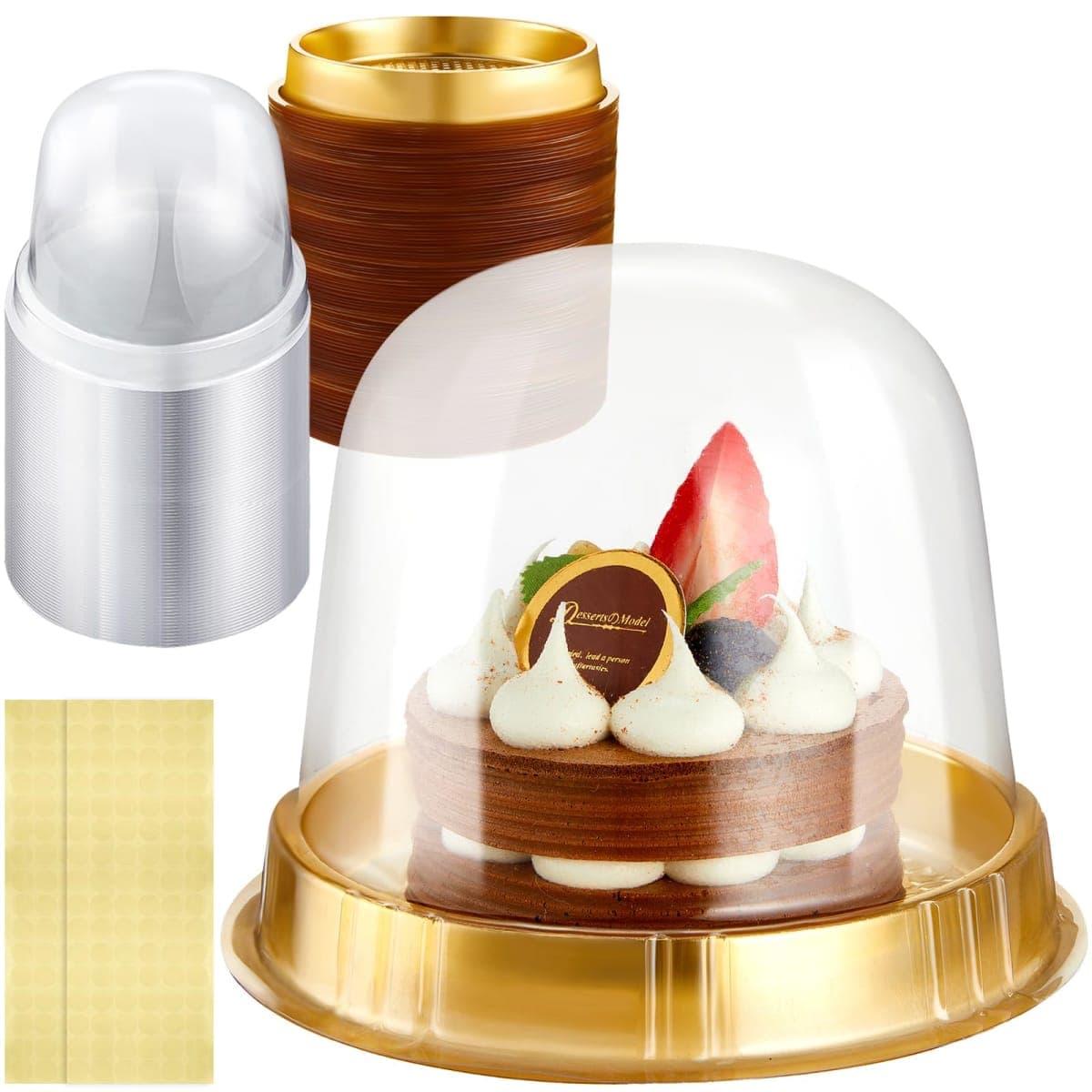 Mimorou Individual Cupcake Boxes Clear Plastic Cupcake Containers Disposable Single Holder with Lid Tall Cake Carrier 5.3 Inch Diameter 4.3 Inch Height with Stickers for Wedding(Gold,50pcs) — image 1