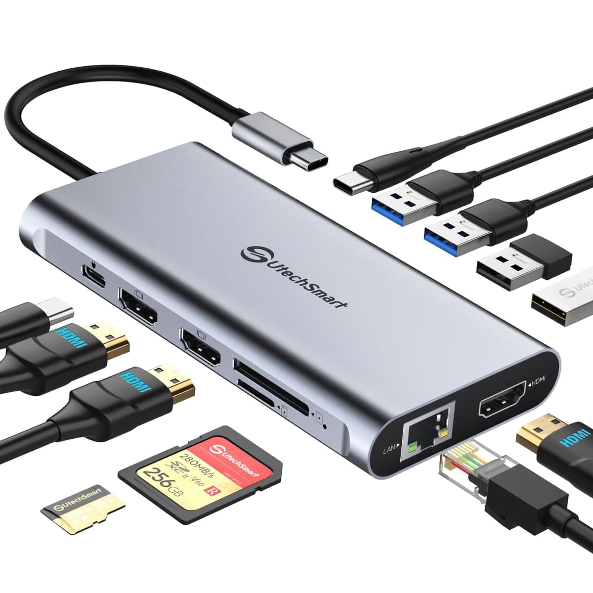 UtechSmart USB C Hub, 3 HDMI Docking Station Triple Display 12 in 1 USB C Laptop Adapter with 4K HDMI PD3.0 SD TF Card Reader Gigabit Ethernet for MacBook Pro/Air/M1/M2 & Windows — image 1