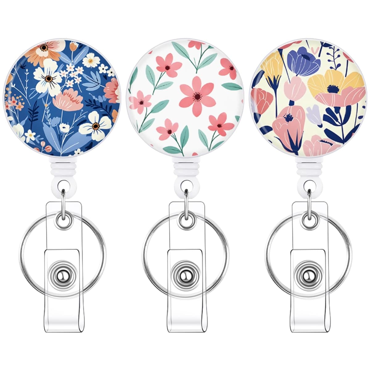 BESARME 3 Pack Badge Reels Retractable Badge Clip with Key Ring Retractable Badge Holders for Office Worker Teacher Nurse Student(Flower) — image 1