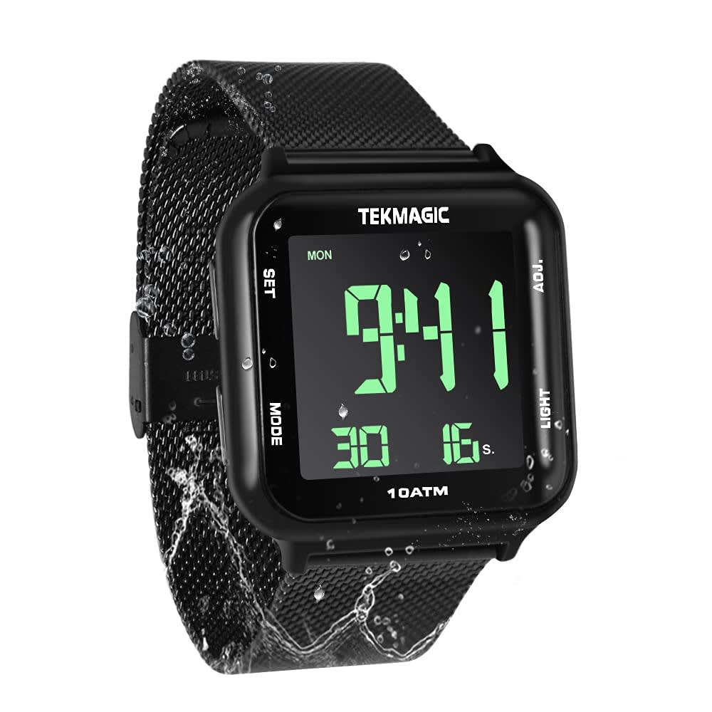 TEKMAGIC 100m Waterproof Luminous Scuba Diving Watch with Stainless Steel Watch Strap, Support Stopwatch, Alarm Clock and Backlight Functions, Dual Time Display, 12/24 Hour Format, Black, Diving Watch — image 1