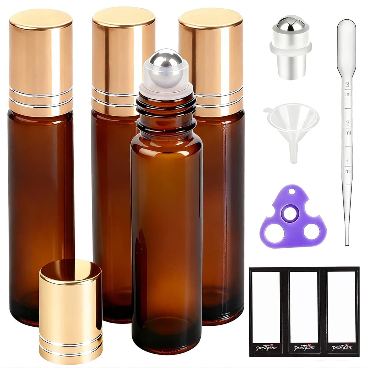 PrettyCare Essential oil Roller Ball Bottles for Oils 10ml Amber Glass with Golden Caps 4 pack, Refillable Empty Perfume Bottles with Extra Roller Balls, Opener, Funnel, Pipette, Labels