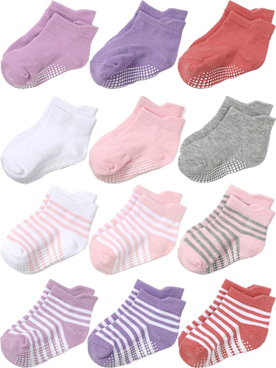 Aroveea Toddler Socks Non Slip Grip Ankle Baby 12 Pack for Kids Boys Girls, Stripe2, 1-3T — image 1