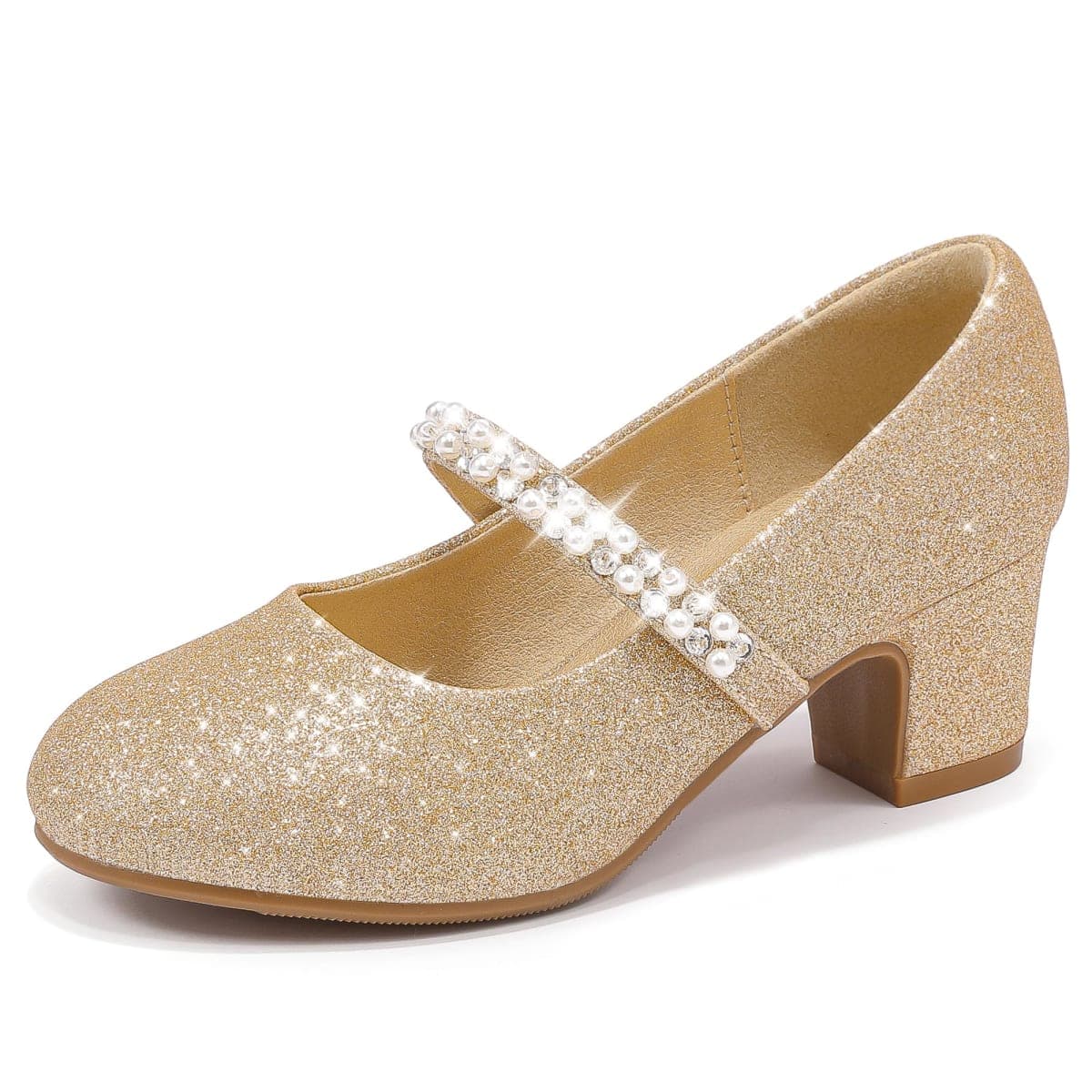 LAURMOSA Flower Girl Shoes Kids High Heels Mary Jane Flats Cute Pearl Rhinestones Girls Dress Pumps Shoes for Church Wedding Party Little Big Kids, Gold Shimmer, 13 Little Kid — image 1