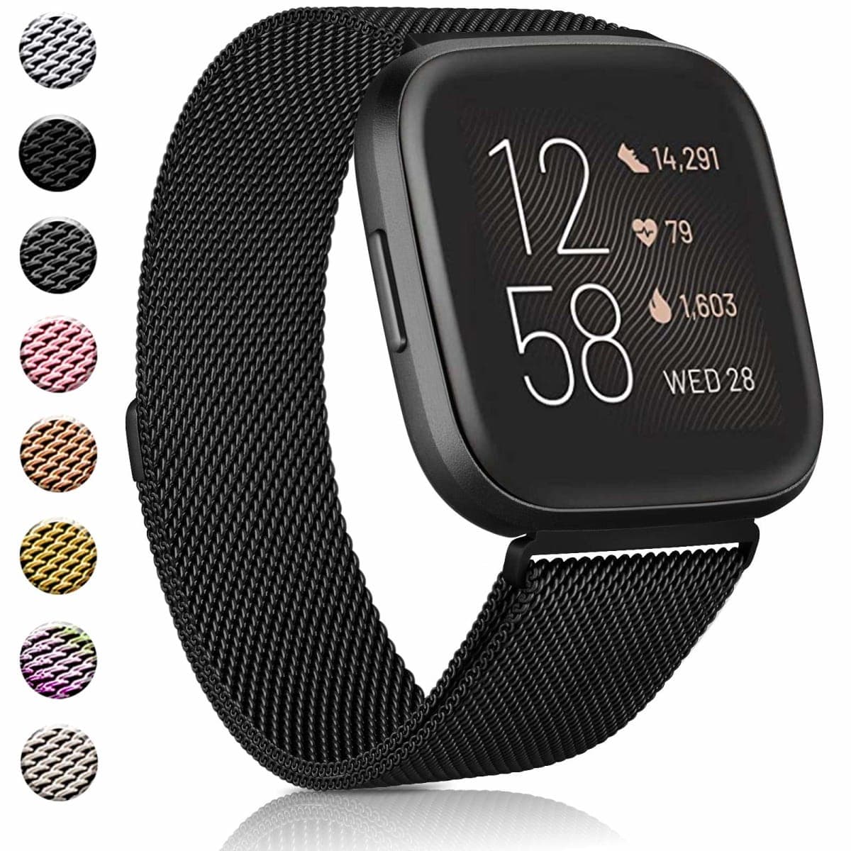 Amzpas Bands Compatible with for Fitbit Versa 2 / Versa SE/Versa Lite/Versa, Breathable Stainless Steel Loop Mesh Magnetic Adjustable Wristbands for Women Men(Large,Black) — image 1