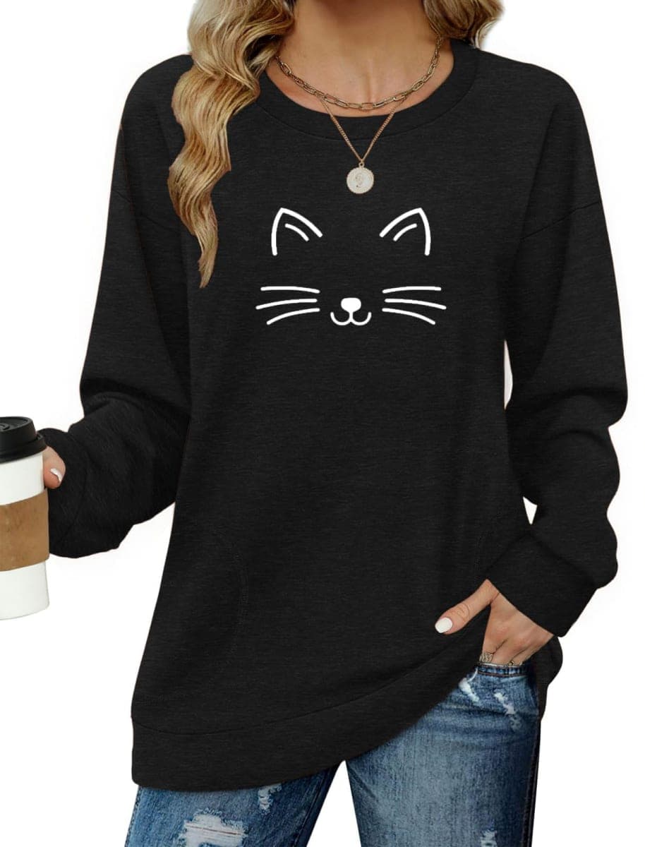 Yandino Sweatshirts for Women Crewneck Long Sleeve Loose Fit Tunic Tops, 17 Black Cat Face, Large — image 1