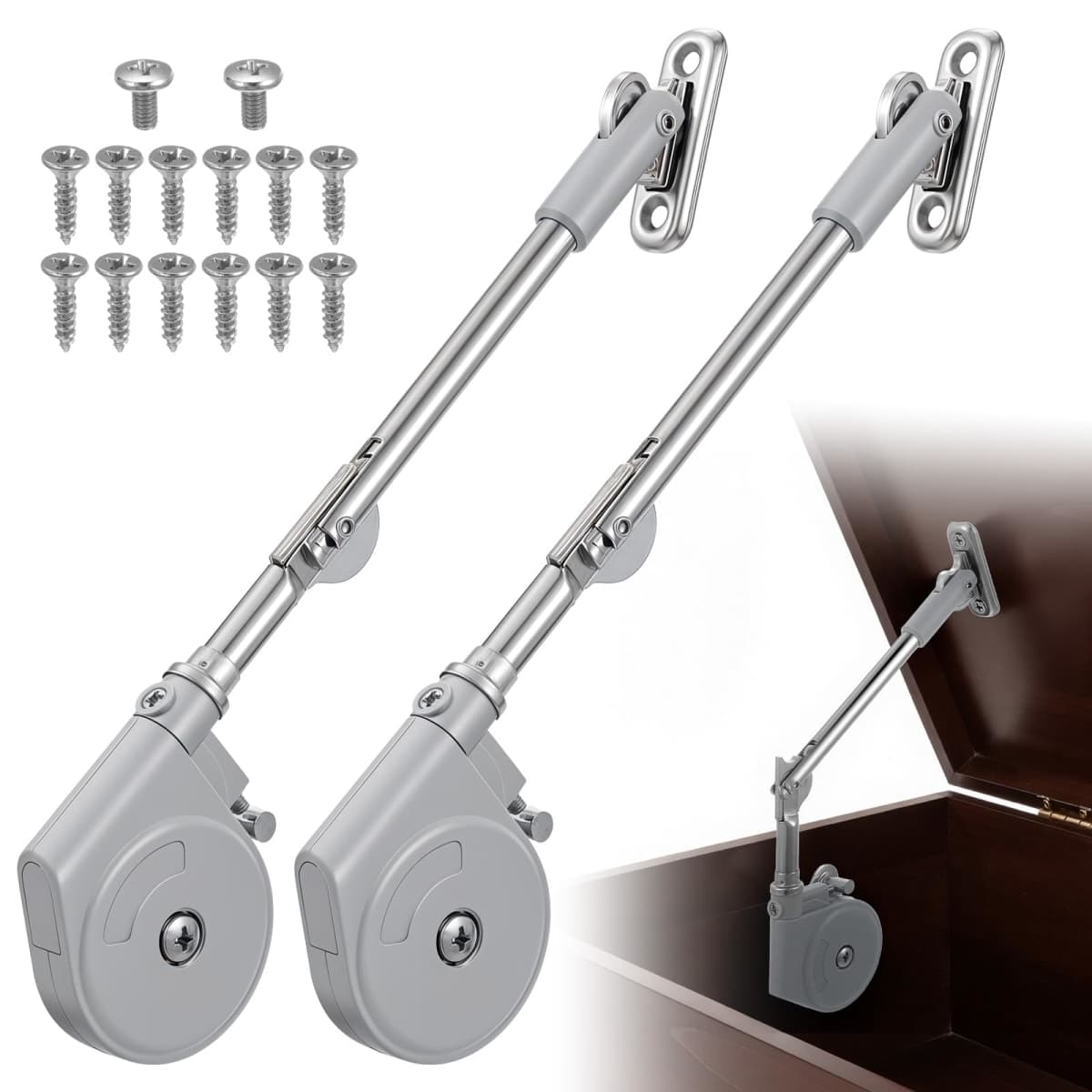 PercyEffie 2 Pack Soft Close Hinge for Toy Box Chest Storage Trunk Upward Opening Lid 105 Degree Adjustable Tension Slow Down Hydraulic Stay Support Easy to Install — image 1