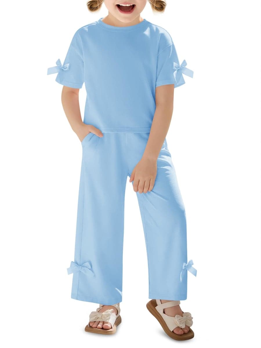 Haloumoning Toddler Baby Girls Summer Clothes 2 Piece Outfits Cute Bow Short Sleeve T Shirts Pants Set with Pockets 1-8Y, Sky Blue, 5-6 Years — image 1