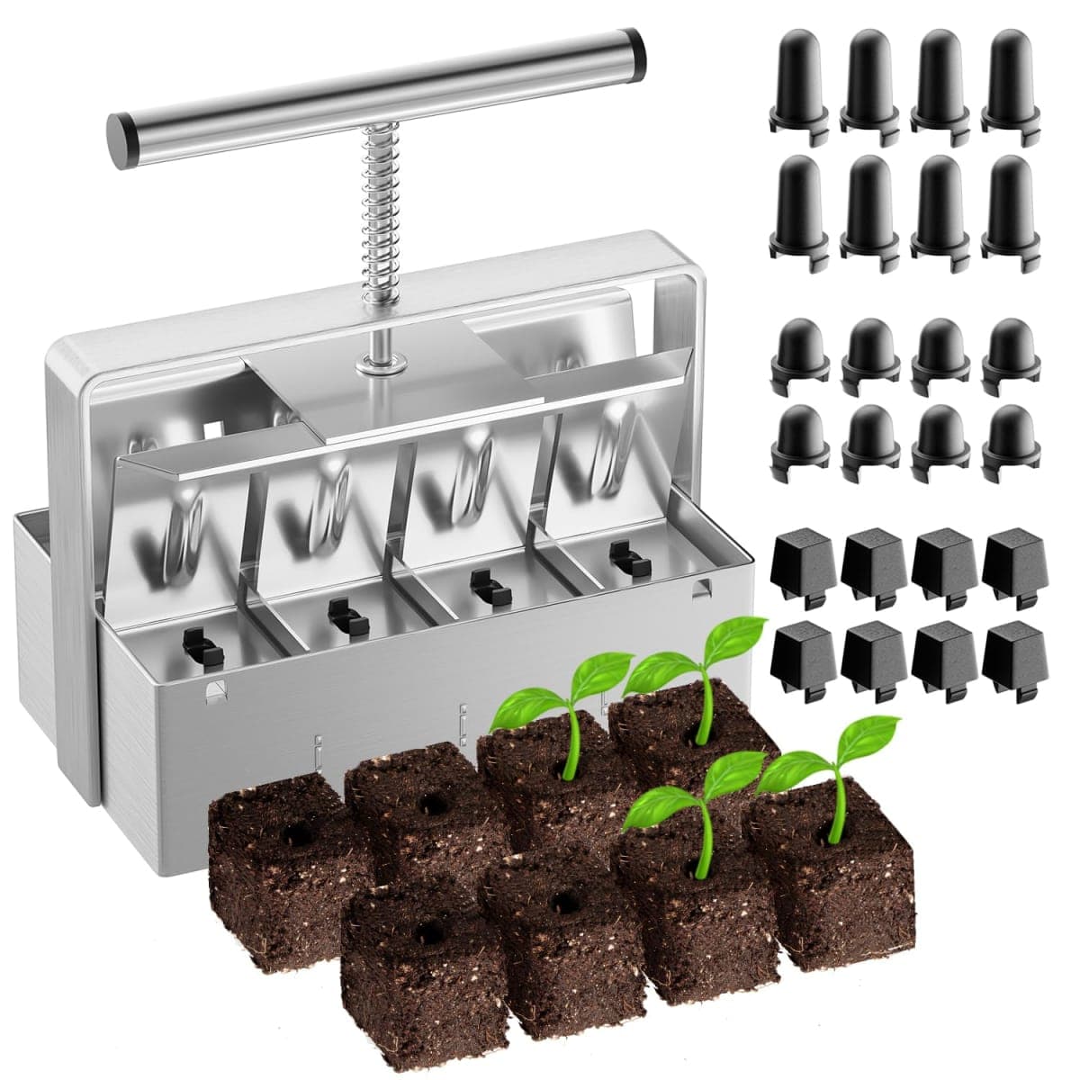Nanovi Soil Blocker, 2 Inch Soil Block Maker with 3 Sizes Seed Pins & Comfortable Handle 8 Cell Handlheld Soil Blocking Tool for Seed Starting, Grow Seedling, Outdoor Plants, Greenhouses, Garden — image 1
