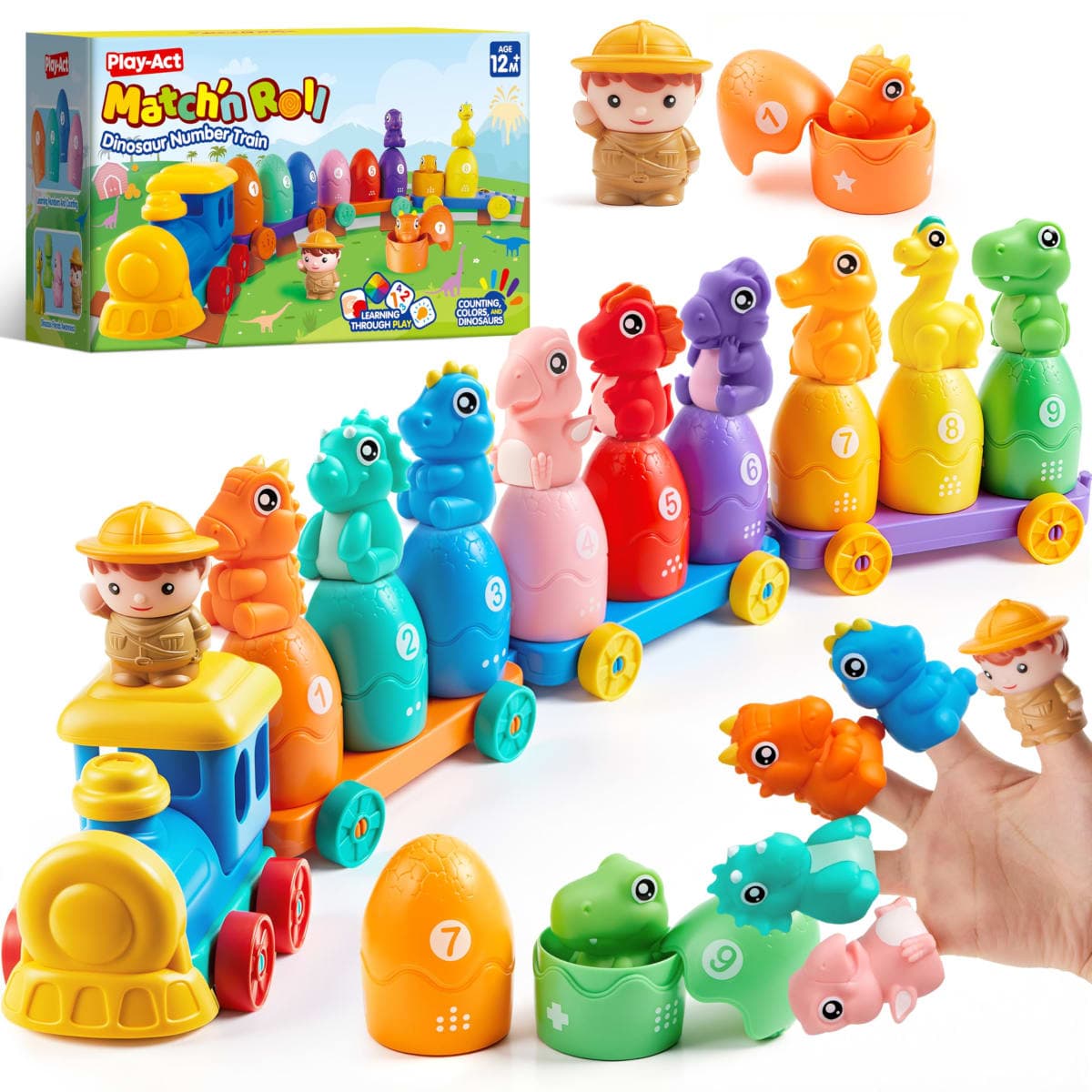Play-Act Learning Toy for Toddlers 1 2 3 Years Old, Counting, Matching & Sorting Montessori Learning Dinosaur Train Including 9 Dinosaurs, Easter Basket Stuffers Birthday Gift for Baby Boys Girls — image 1