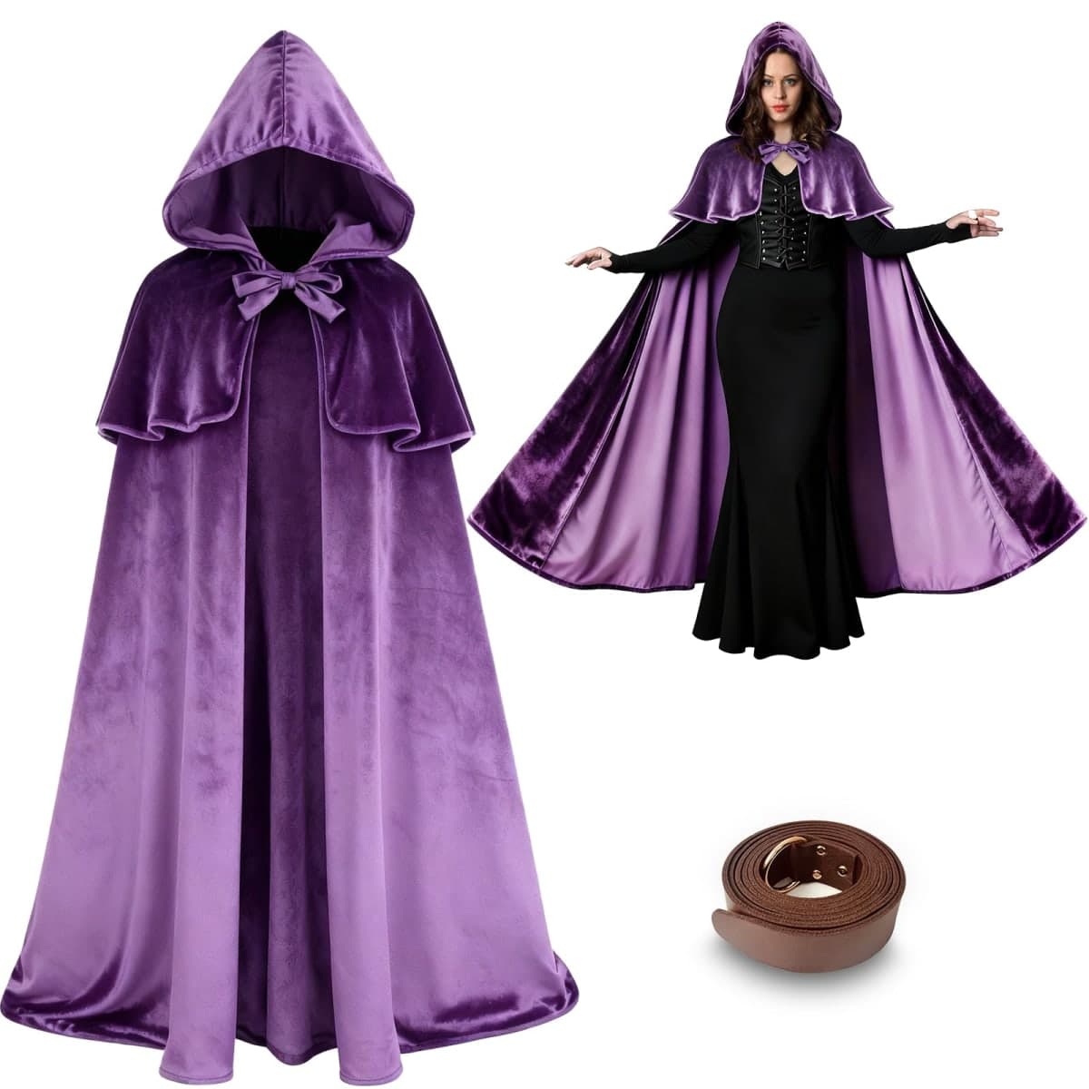 Sunlisky Renaissance Cloak with Hood Medieval Women Hooded Cape with Arm Holes and Belt Hobbit Costumes for Halloween — image 1