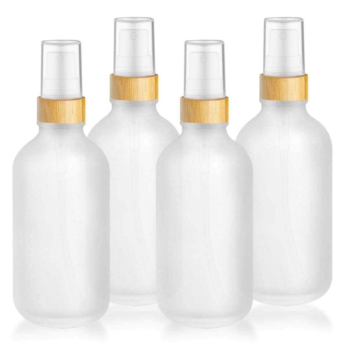 DMuuuDM 4-Pack 4 Oz Glass Spray Bottle with Bamboo Lid,Empty Refillable Fine Mist Atomizer,Leak-Proof Travel Liquid Holder Container for Cologne,Essential Oils,Room Sprays,Cleaning Solutions, Frosted — image 1