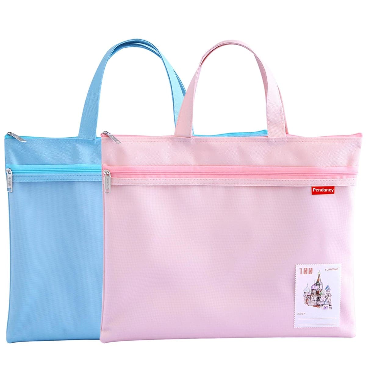 Pendancy 2 Pack A4 Document Bags, Mesh Zipper Pouches, Blue/Pink — image 1