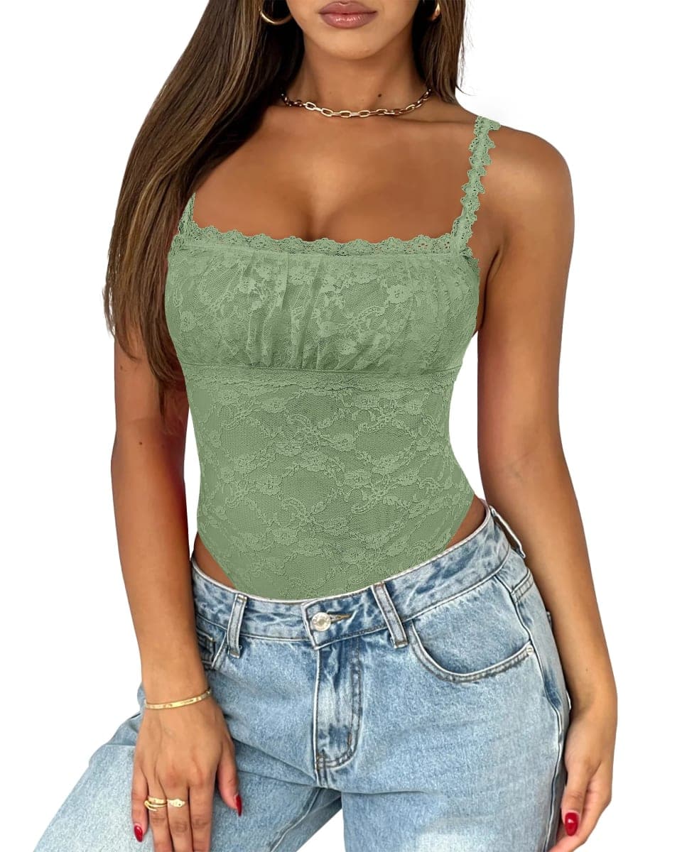 Saslax Women's Sexy Square Neck Lace Sleeveless Bodysuit Tank Tops Double Lined Body Suit Thong Outfits, Olive Green, X-Large — image 1
