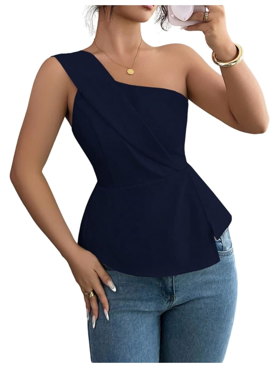 OYOANGLE Women's One Shoulder Elegant Ruffle Tank Tops, Deep Blue, Medium — image 1