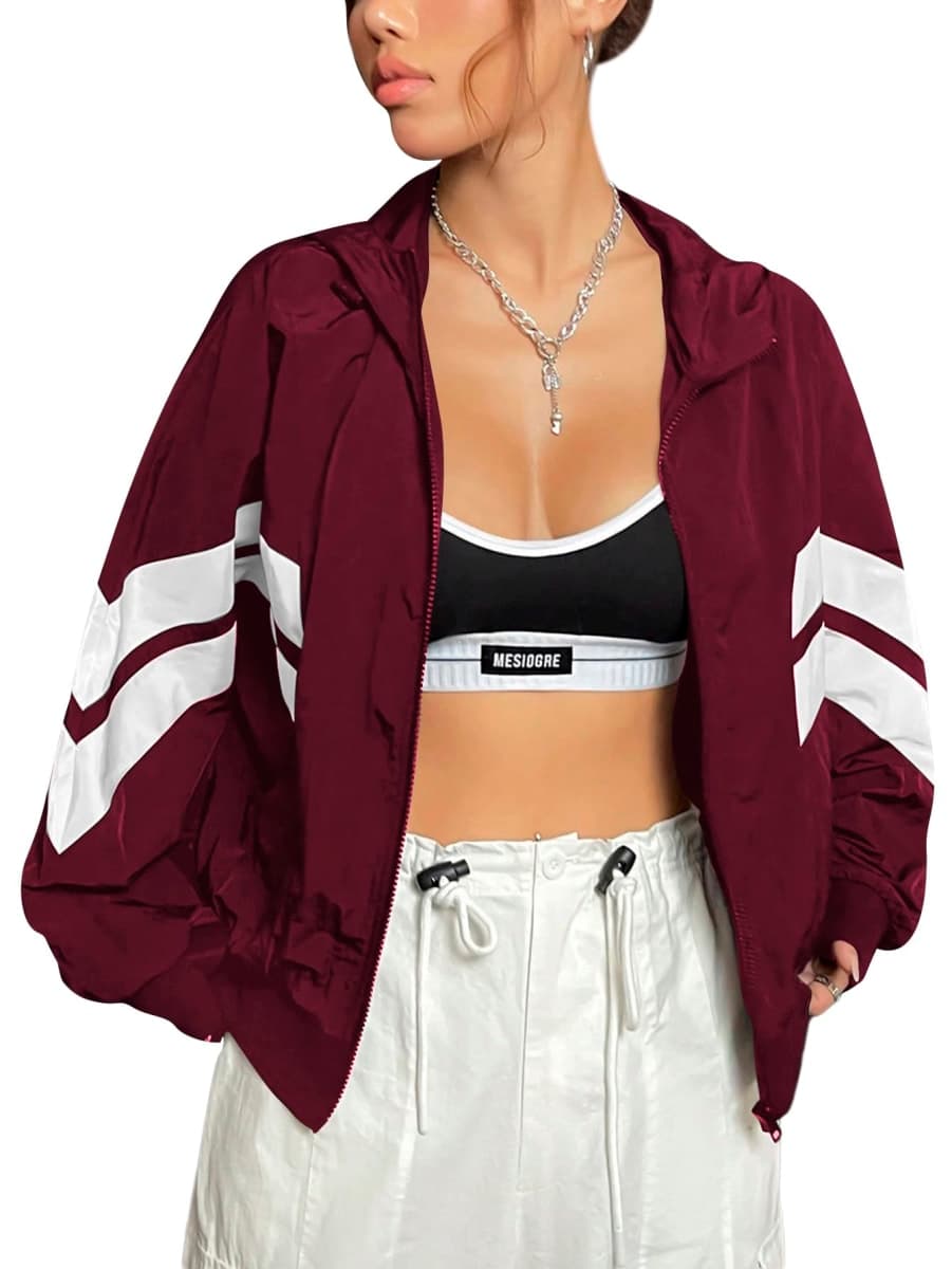 Verdusa Women's Color Block Zip Up Hooded Jacket Outerwear Loose Windbreaker Jackets, Burgundy, Large — image 1