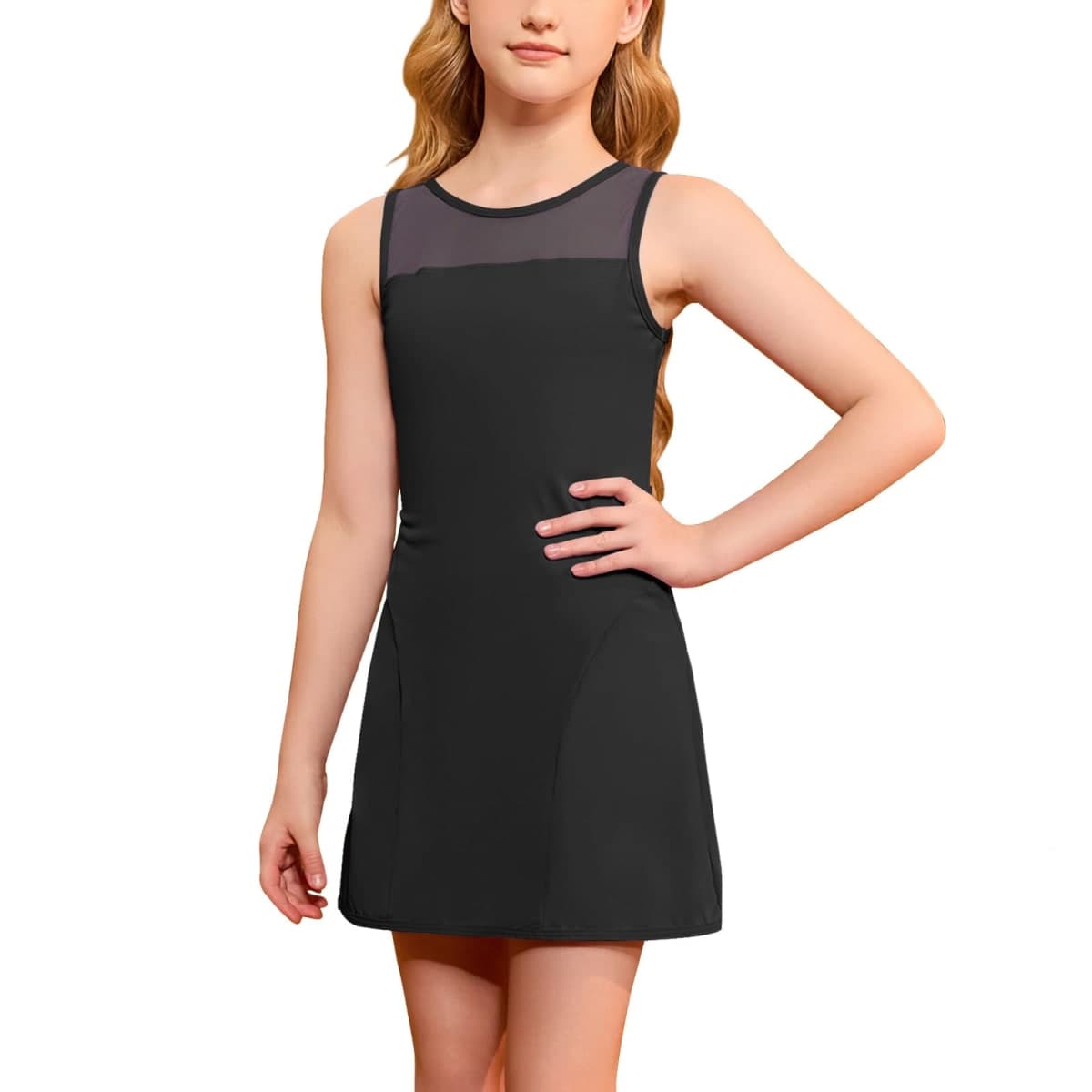 CHILDRENSTAR Girls Tennis Dress Sleeveless Mesh Contrast Golf Outfit Athletic Dresses Activewear Sets Built-in Bra & Shorts, Black, 12-13 Years — image 1
