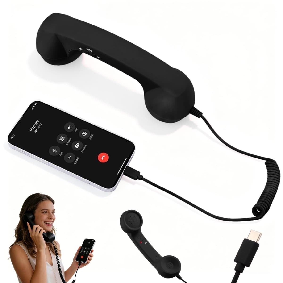 Retro Phone Handset for iPhone & Android,2026 New Cell Phone Receiver with Microphone & Speaker,Retro Telephone Wired Handset for Mobile Phones,90s Style Prop for Photos(Black, Type-C) — image 1