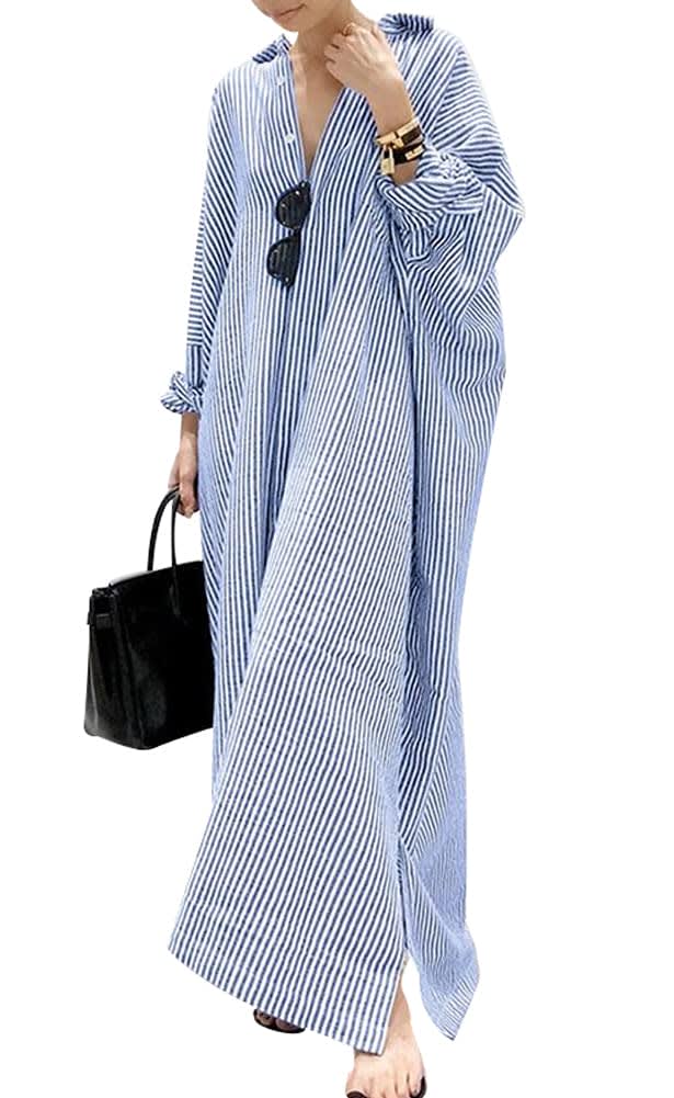 chouyatou Women's Casual Long Sleeve Button Down Loose Striped Cotton Maxi Shirt Dress, Blue, 3X-Large — image 1
