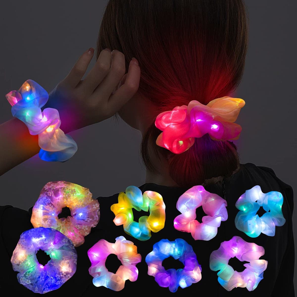 8 Pcs LED Scrunchies for Women - Scrunchy, Light Up Scrunchies for Girls, Colorful Yarn Hair Tie Multi Light Modes, Glow in the Dark Hair Accessories for Christmas Rave Party (#01) — image 1