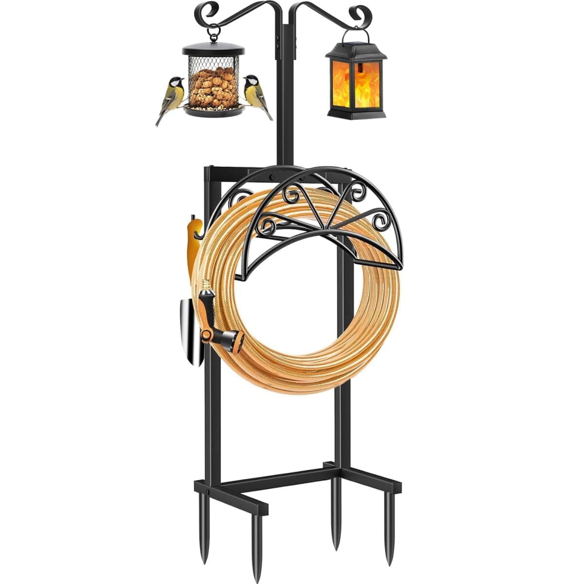 TomCare Garden Hose Holder with Shepherds Hooks Heavy Duty Water Hose Holder Holds 160 FT Hose Freestanding Hose Reel with 2 Tool Hooks Stable Hose Hanger Storage Stand for Outside Yard, Black — image 1