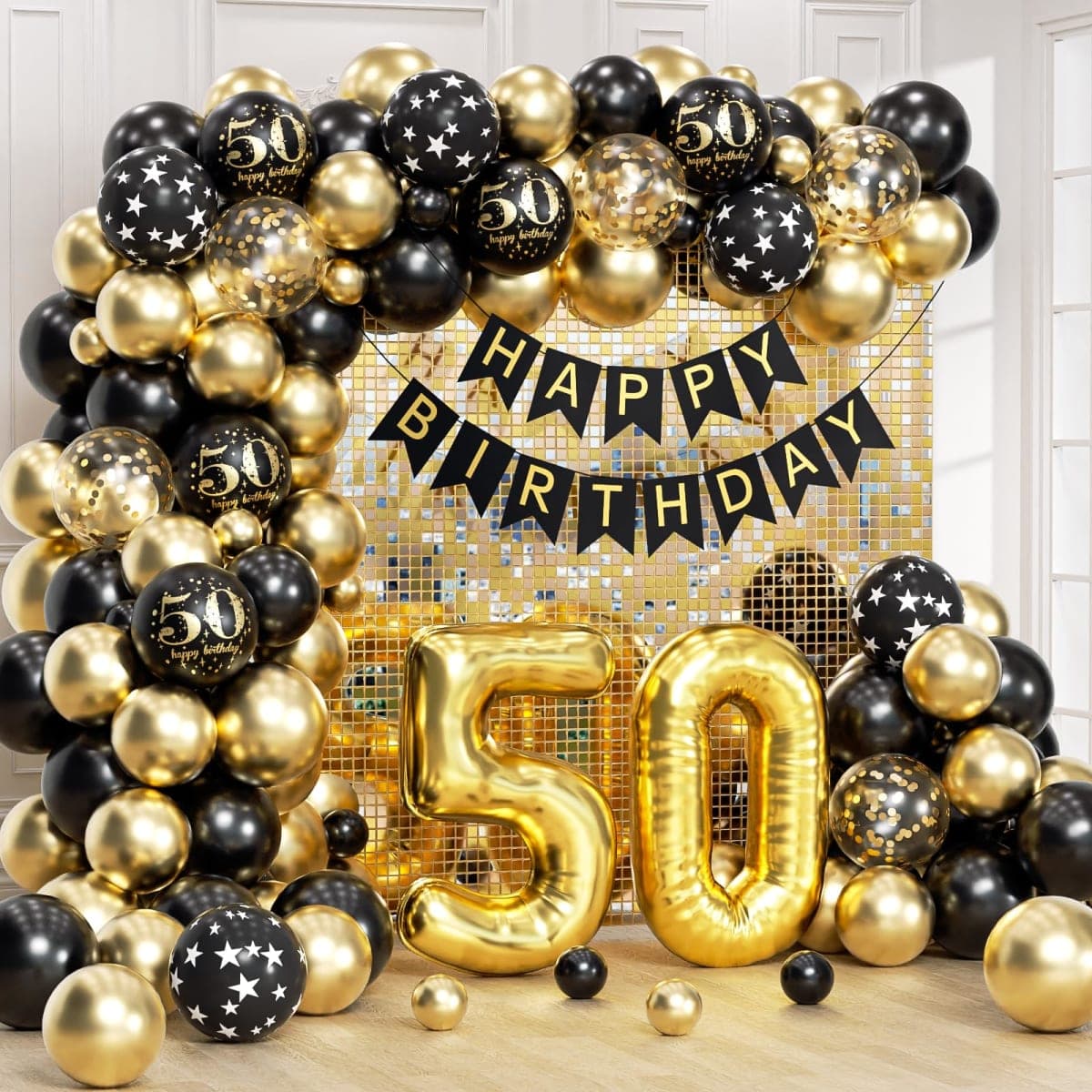 Black and Gold 50th Birthday Decorations with Happy Birthday Banner — image 1