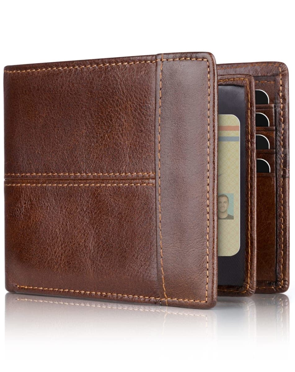 Swallowmall Wallet for Mens RFID Blocking Genuine Leather Bifold Wallets with 1 ID Window 15 Cards Holder Slots Brown — image 1