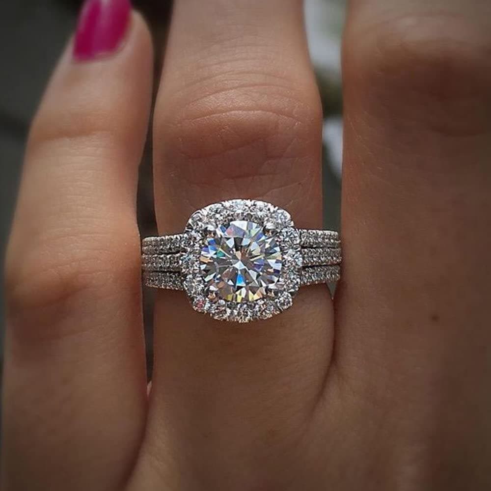 Koguxuix Fashion Jewelry 925 Sterling Silver Shiny Full Diamond Ring Round Cubic Zirconia Anniversary Promise Cocktail Ring CZ Diamond Multi Row Ring Eternity Engagement Wedding Band Ring (Size 6) — image 1
