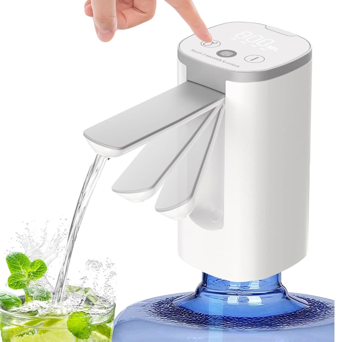 Desktop Water Dispenser with Base, Electric Folding Water Pump with USB Charging, Desktop Water Pump for Universal 2-5 Gallons, Touch Screen and Low Noise (Autofolding, White - Silver) — image 1