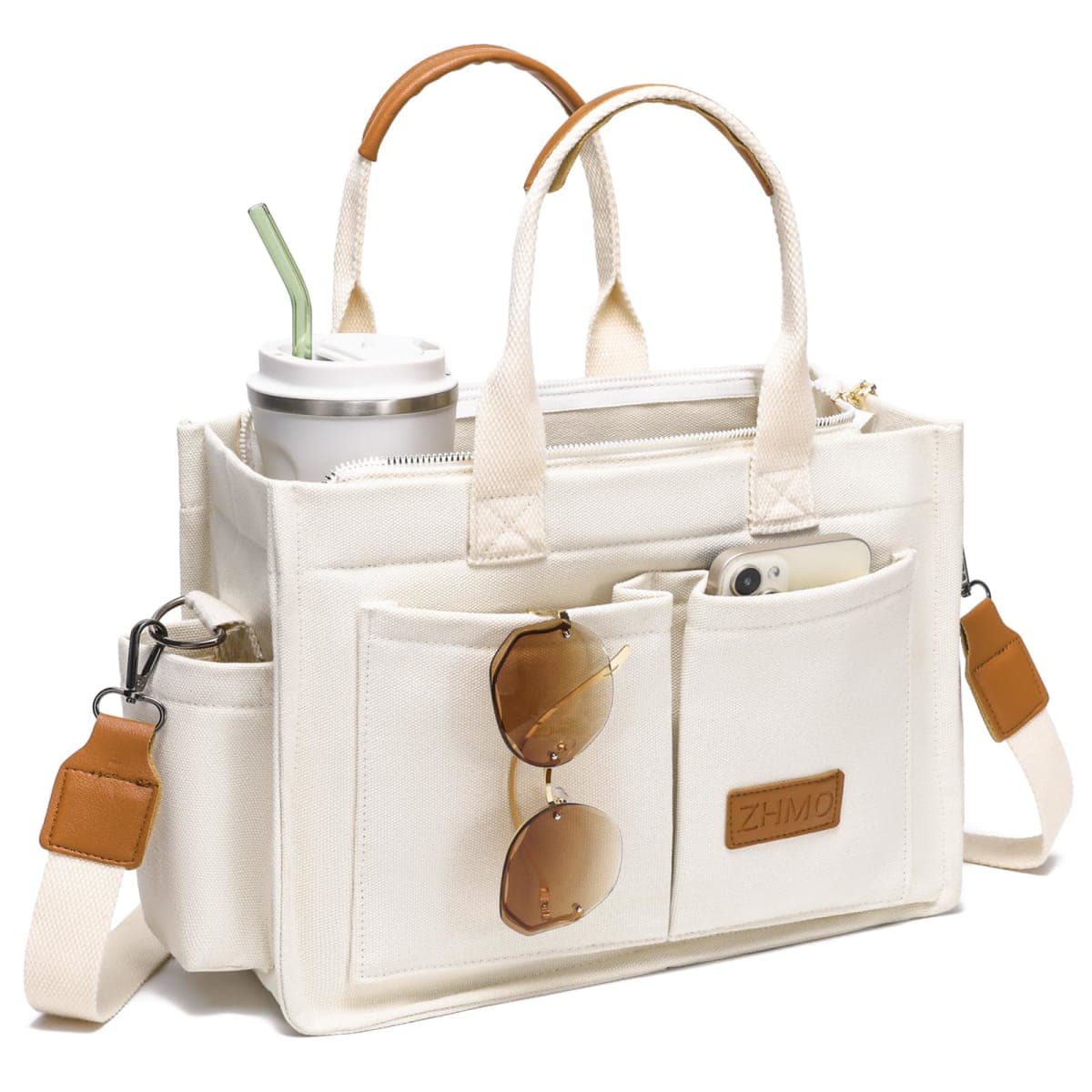 ZHMO Canvas Tote Bag for Women With Compartments and Zipper,White Women's Bags Crossbody Bags Work Laptop Tote Bag Large Satchels Handbag Tote Purse Everyday Shoulder Bag for Travel Nurse Teacher Gift — image 1