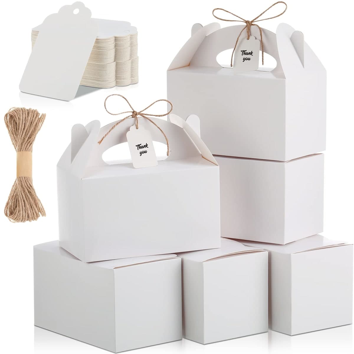 Eaasty 100 Pcs White Treat Boxes Gift Boxes with Lids for Presents Party Favor Boxes Kraft Paper Cookie Boxes for Dessert with Strings Tags for Wedding Birthday Baby Shower 6.2 x 3.5 x 3.5 Inches — image 1