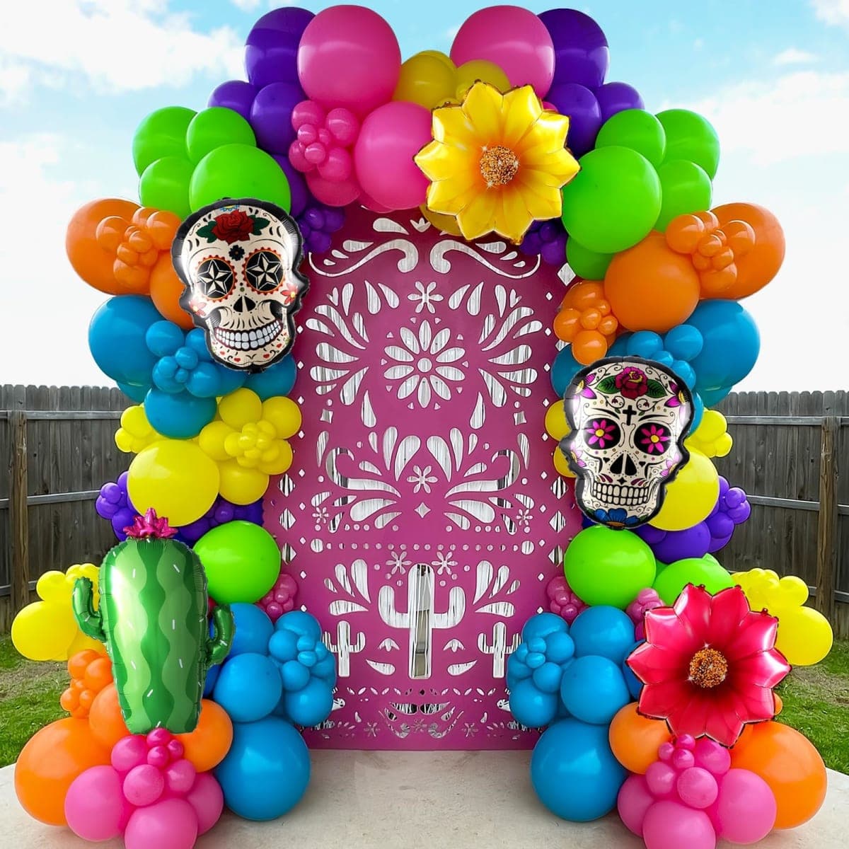 Dia de Muertos Balloon Arch Kit,160PCS Mixed Colorful Day of the Dead Balloon Garland with Cactus Flowers Sugar Skull Foil Balloons for Halloween 5 de Mayo Mexican Fiesta Party Altar Decorations — image 1