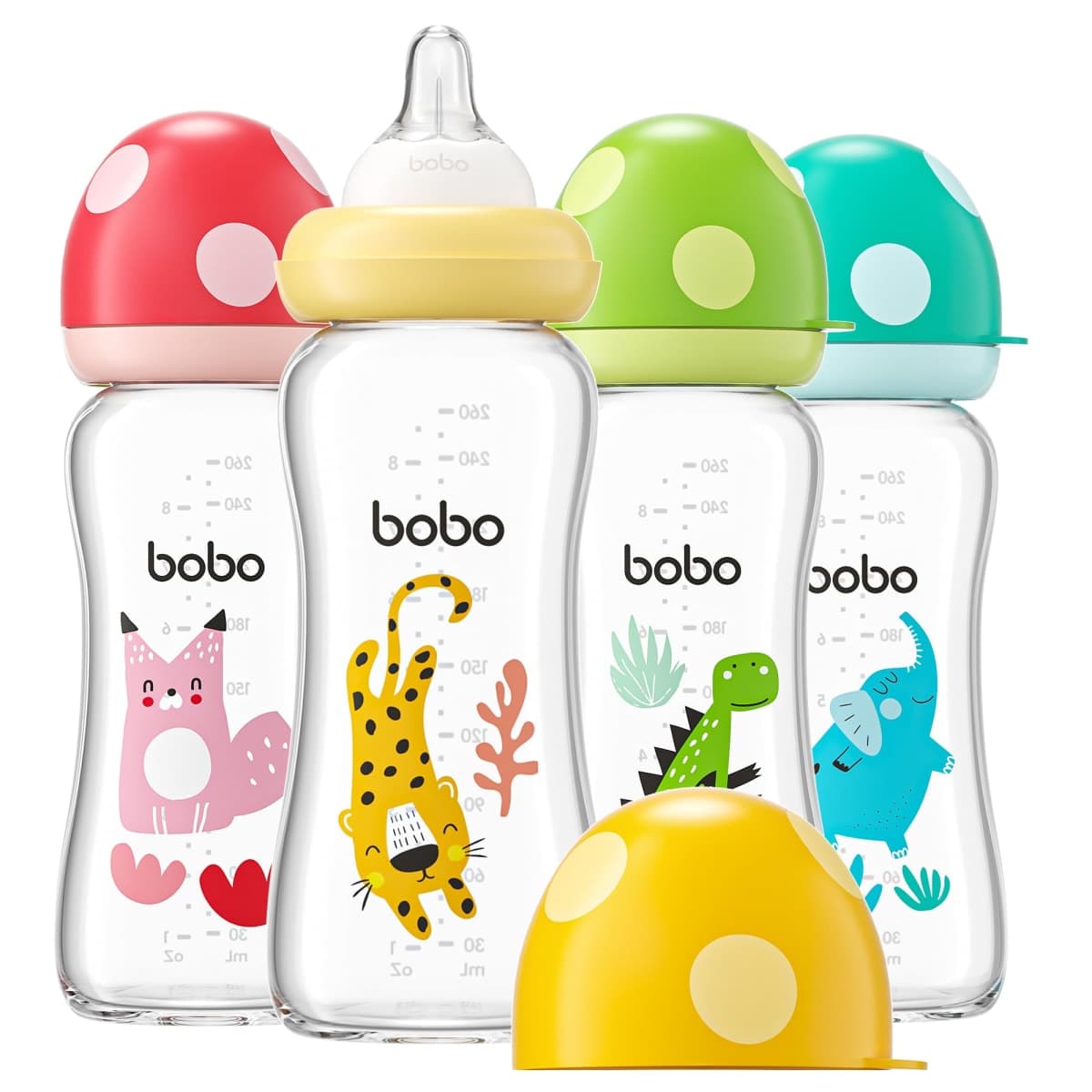 YOHKOH Natural Glass Baby Bottle with Level 2 Medium Flow Nipple, Newborn Anti-Colic Baby Bottles, Wide Neck Mushroom Baby Glass Bottle (8.8ounce (Pack of 4), Multicolour2) — image 1