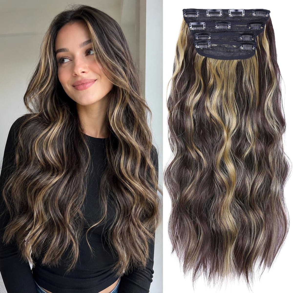 Clip in Hair Extensions, 20 Inches Wavy Synthetic Hair Extensions Clip ins, Long and Soft, for Women and Girls (Medium Brown Mixed Bleach Blonde) — image 1