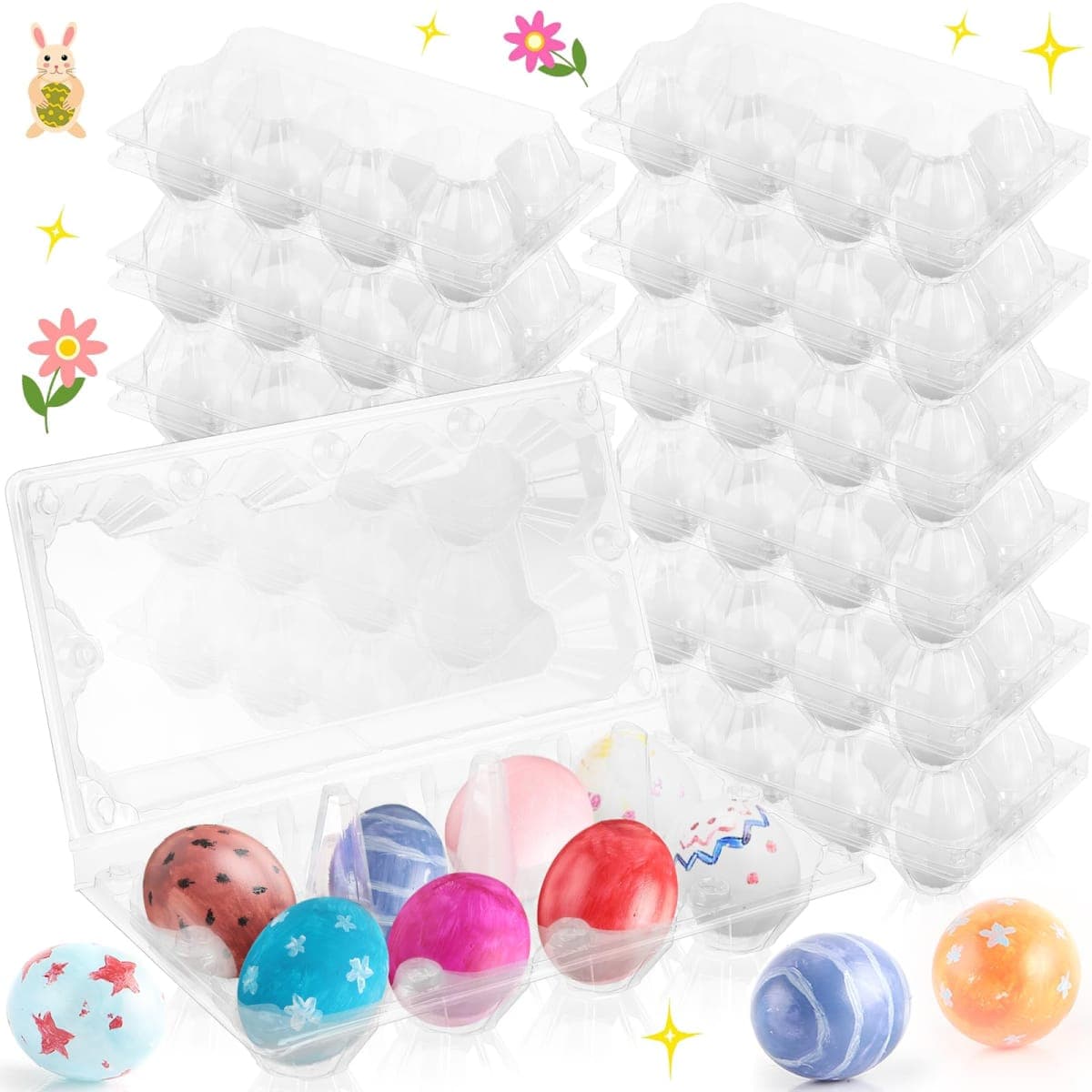 Menkxi 96 Pcs Plastic Easter Eggs with Clear Egg Cartons for Crafts DIY Fake Eggs White Plastic Eggs Paintable Easter Eggs Paint Your Own Eggs for Kids Adults Easter Gift, 8 Piece Per Carton — image 1