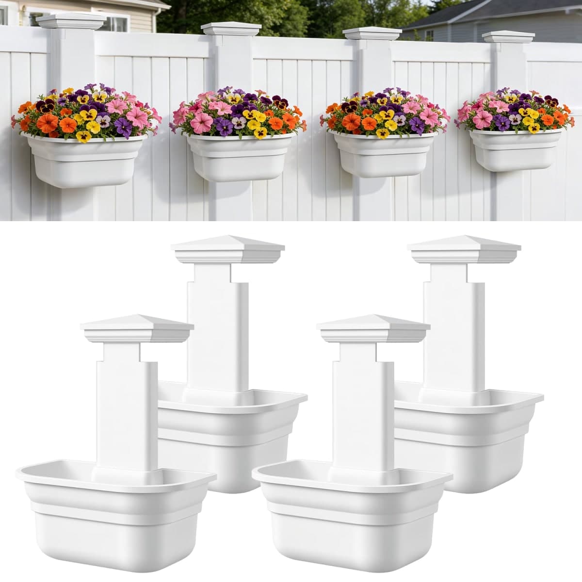 Hanging Planters for Outdoor Plants - Fence Plant Flower Pots, Plant Hangers Fence Post Planter with Post Caps for Outdoor Garden PVC Fence Decor - 4 Pack — image 1