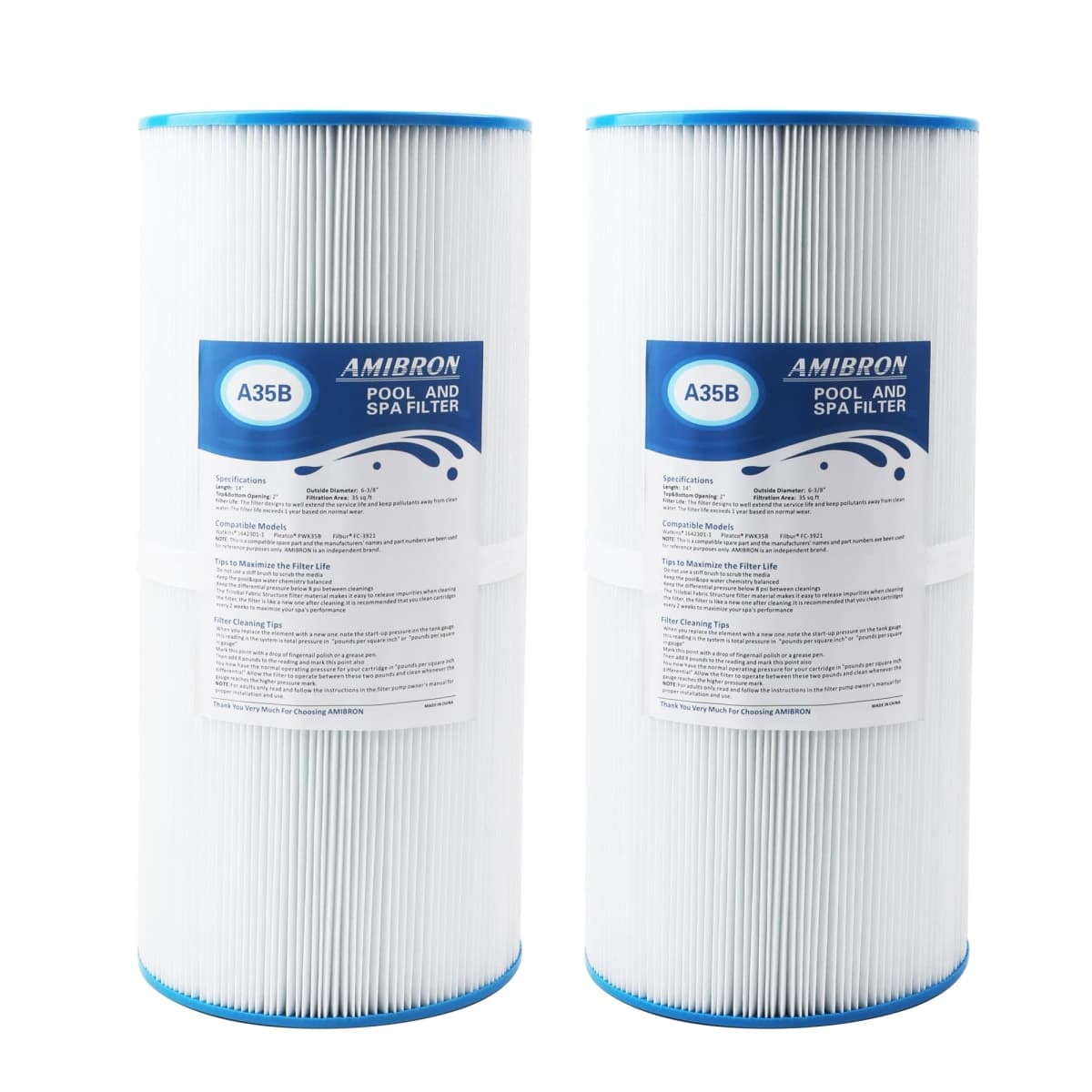 AmiBron PWK35B Replaces Hot Springs Limelight Series Spa Filters, Compatible with Watkins 1642301-1, 78161, 78286, Filbur FC-3921, Pleated Fabric Filter Media 2 Pack — image 1